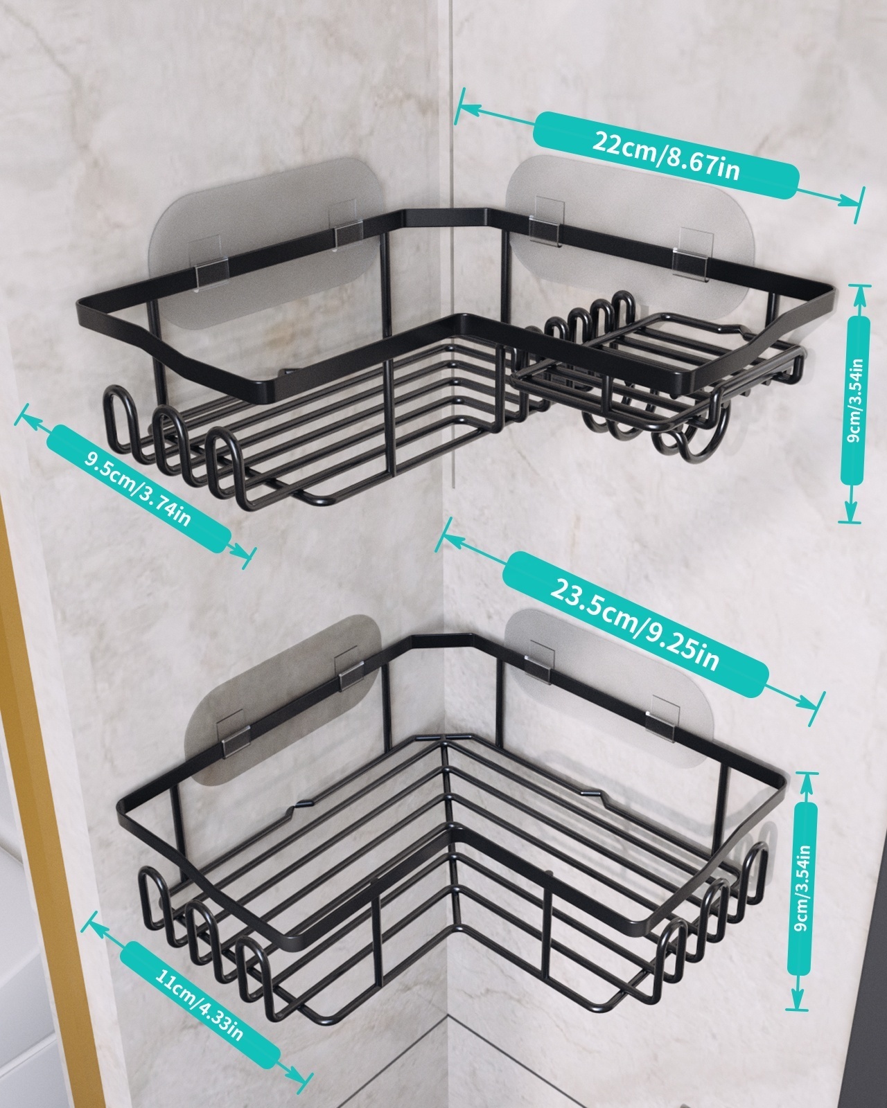 Black Metal Modern Stainless Steel Polish Corner Shelf Rack Adhesive Without Drilling Shower Caddy Bathroom Storage Basket Shelf