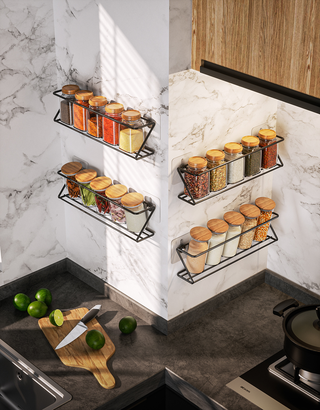 4-Pack Adhesive Wall-Mounted Spice Rack Seasonings Organizer for Kitchen Cabinet Pantry Door Bathroom Storage Shelf