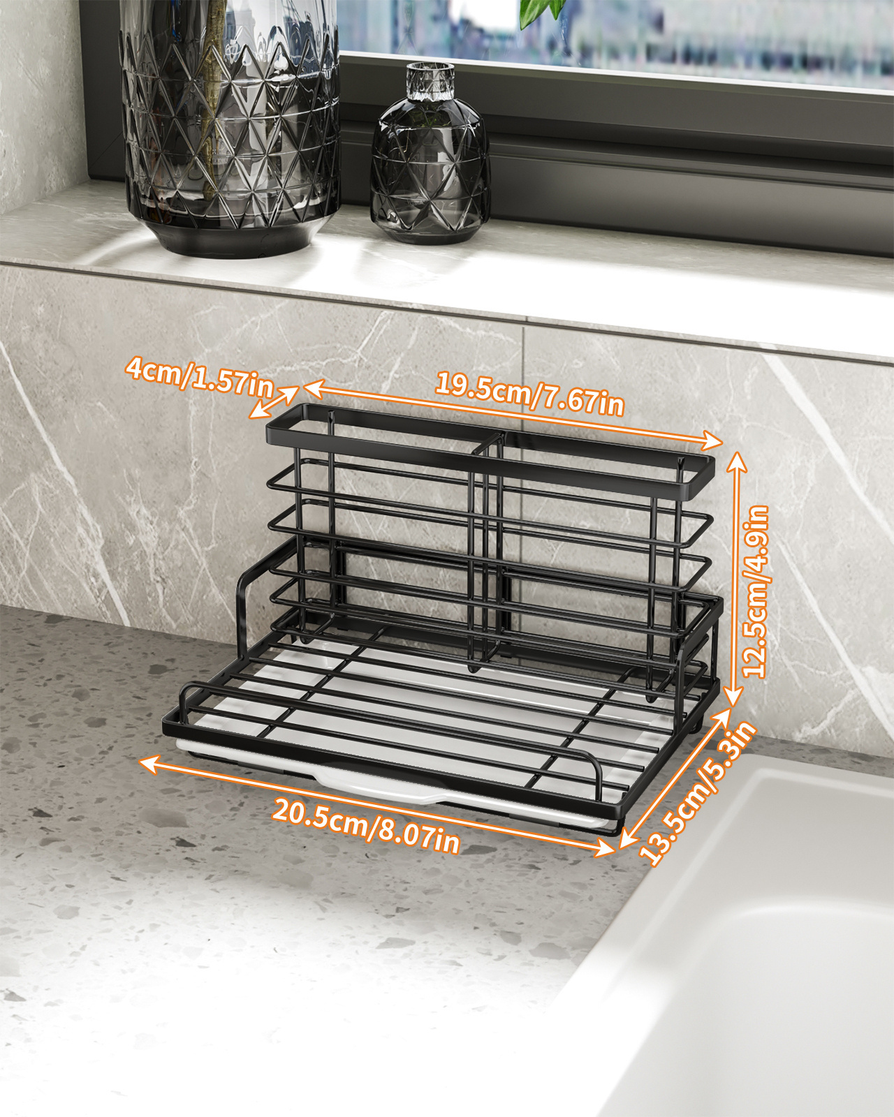 SUS304 Stainless Steel Double-Layer Soap Sponge Brush Holder Kitchen Sink Organizer Caddy with Removable Drain Tray for Storage