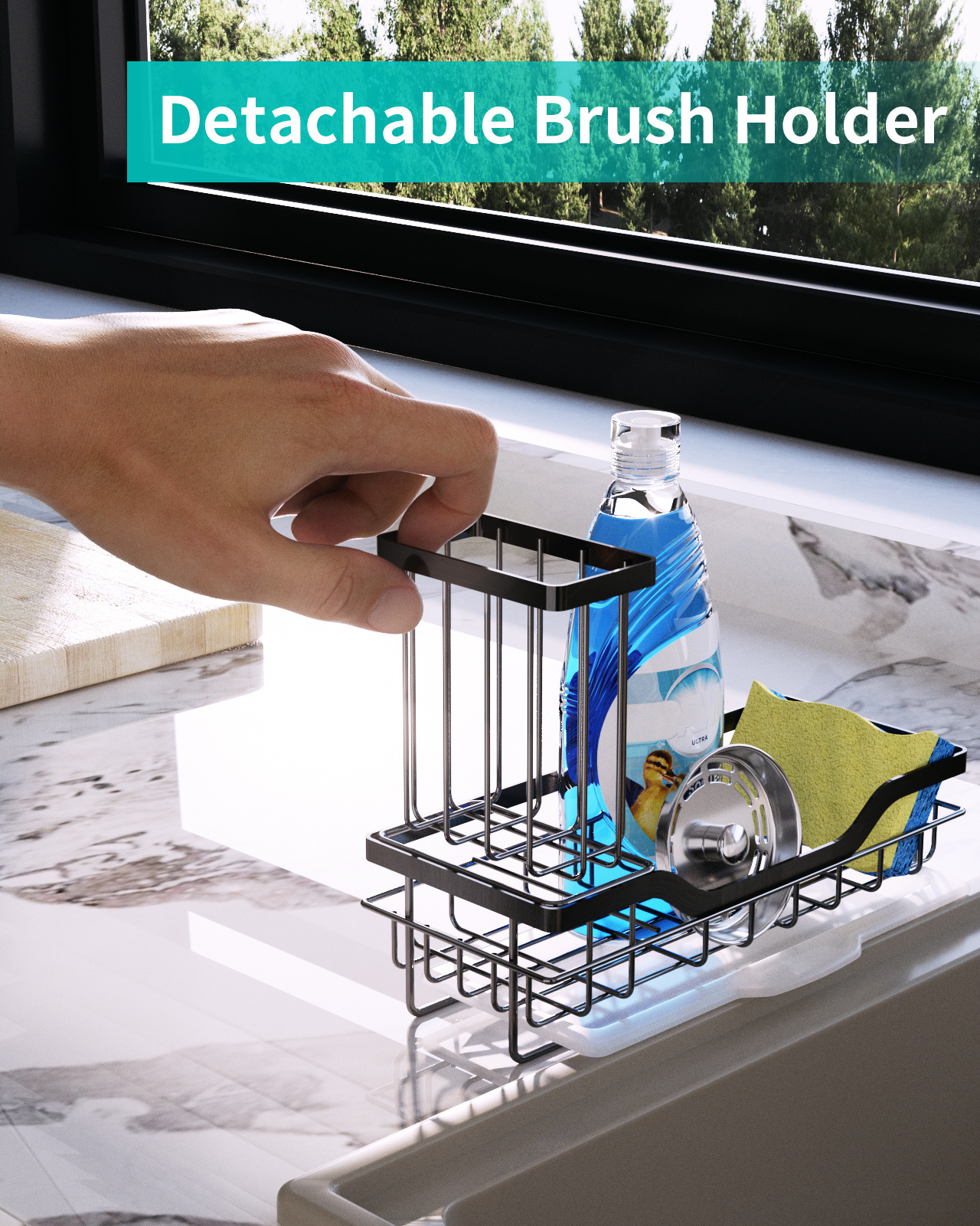 Rustproof Kitchen Sink Caddy 304 Stainless Steel Sponge Holder with Detachable Drip Tray Metal Hook Kitchen Accessories Storage