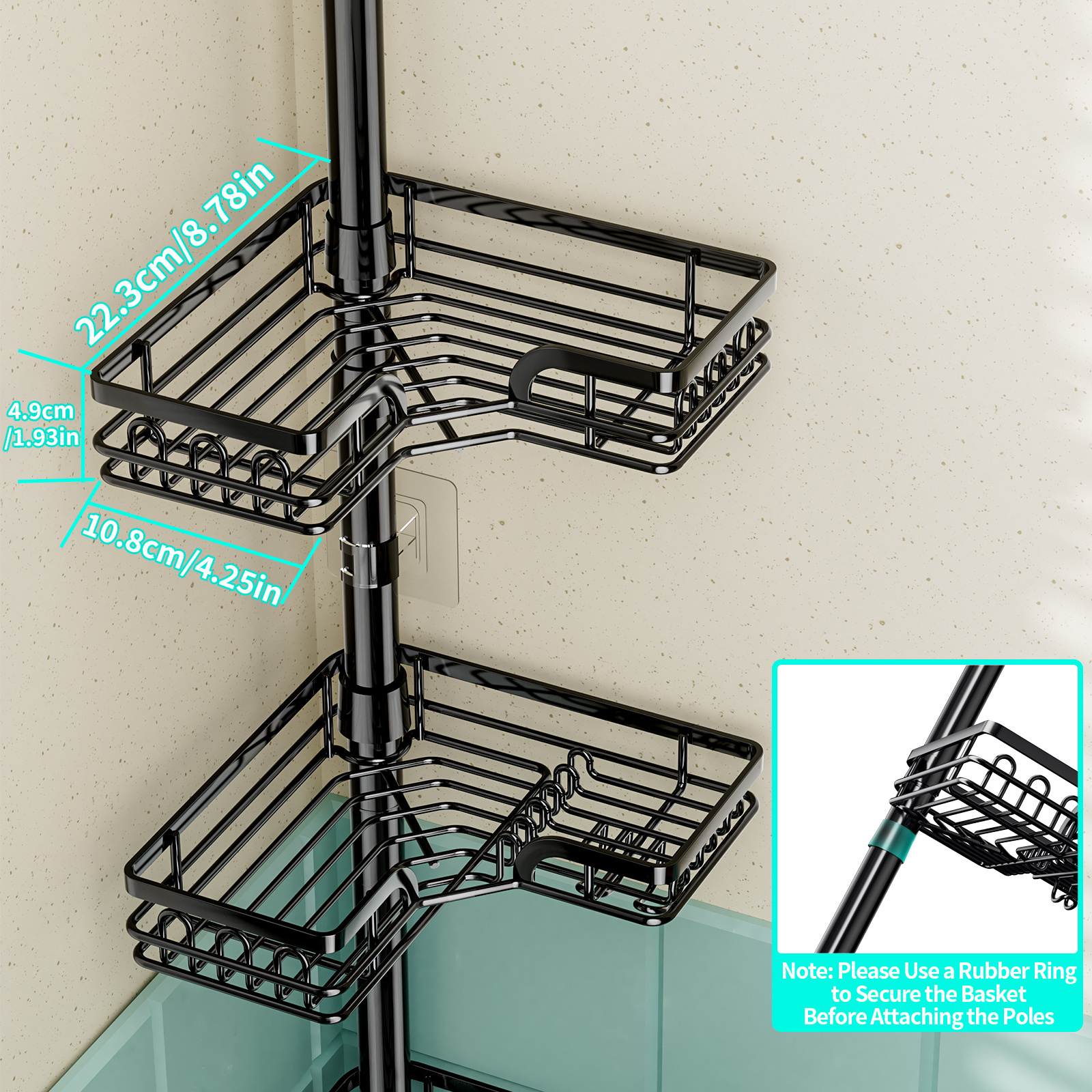 Modern Rustproof & Waterproof 304 Stainless Steel 4-Layer Corner Shower Organizer Caddy Shower Shelf Tension Pole w/ Soap Holder