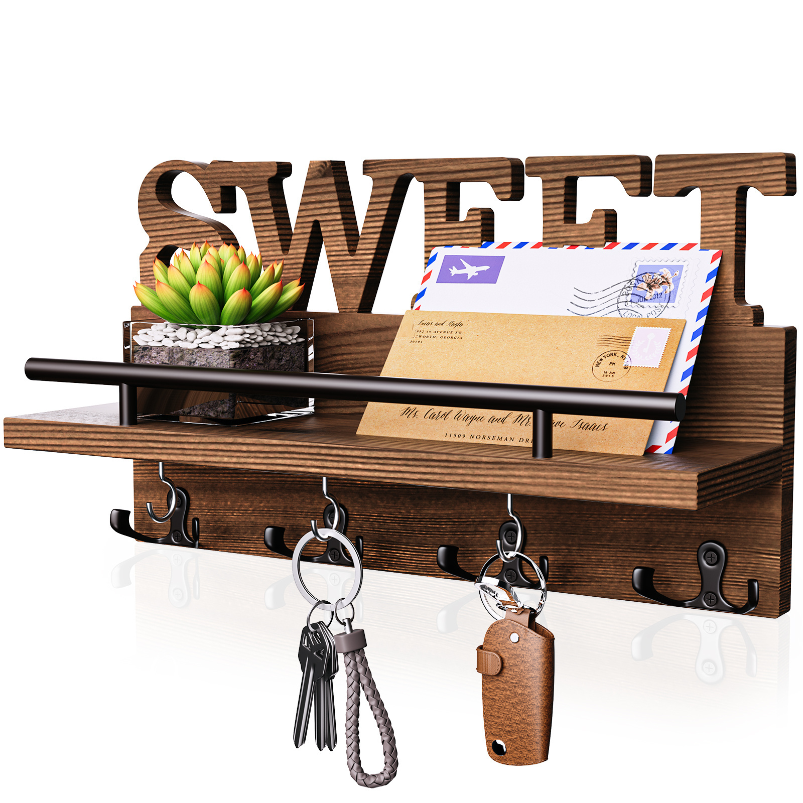 Key Holder w/ Home Decoration Wood Mail Organizer w/ Double Key Hooks Mail Holder Design Wall Mounted Key Hanger for Entryway