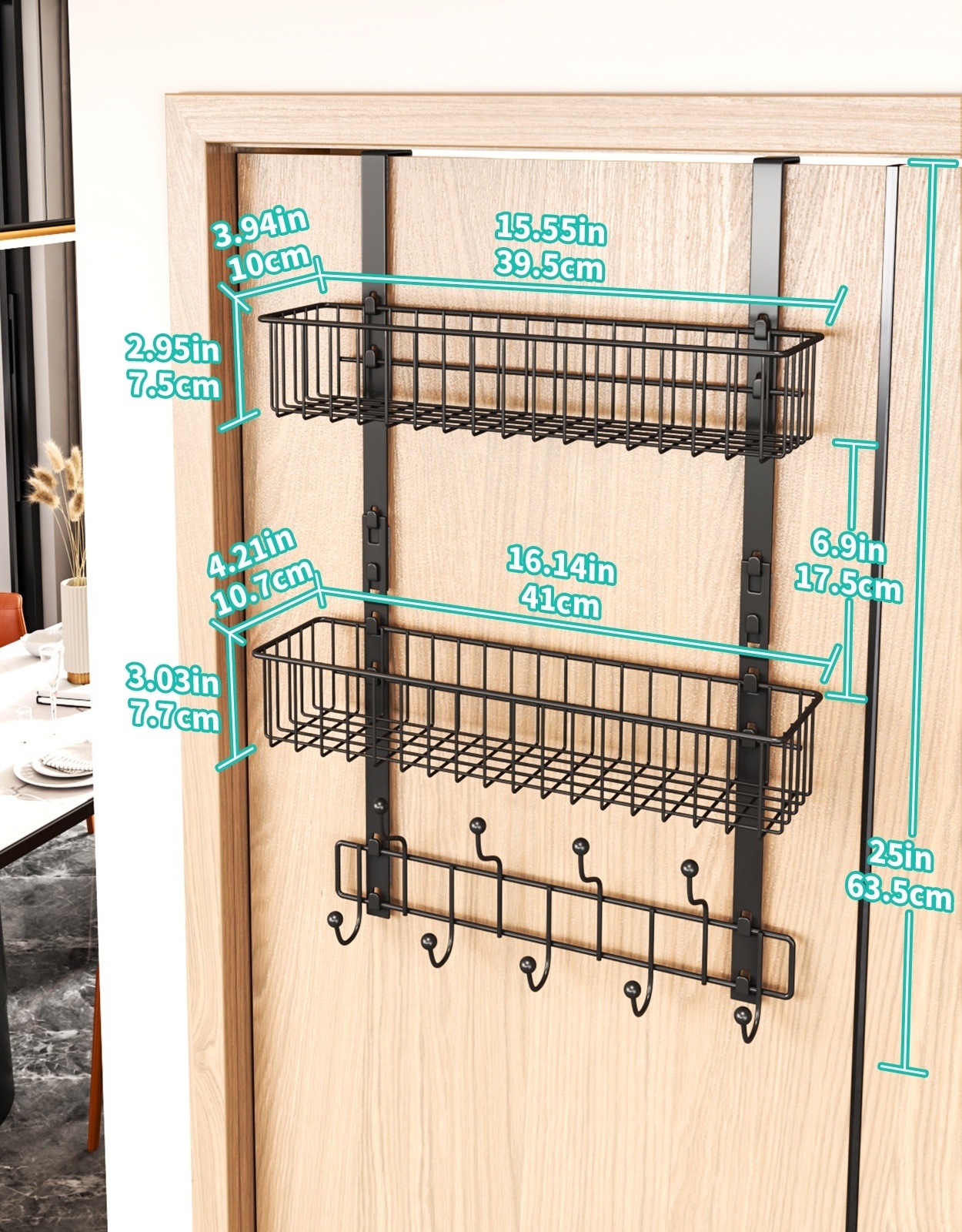 Metal Hanging Hook Rack Shelf Over The Door Hanger 2 Mesh Baskets 9 Hooks Storage Organizer Rack for Coats Hats Handbags Towels