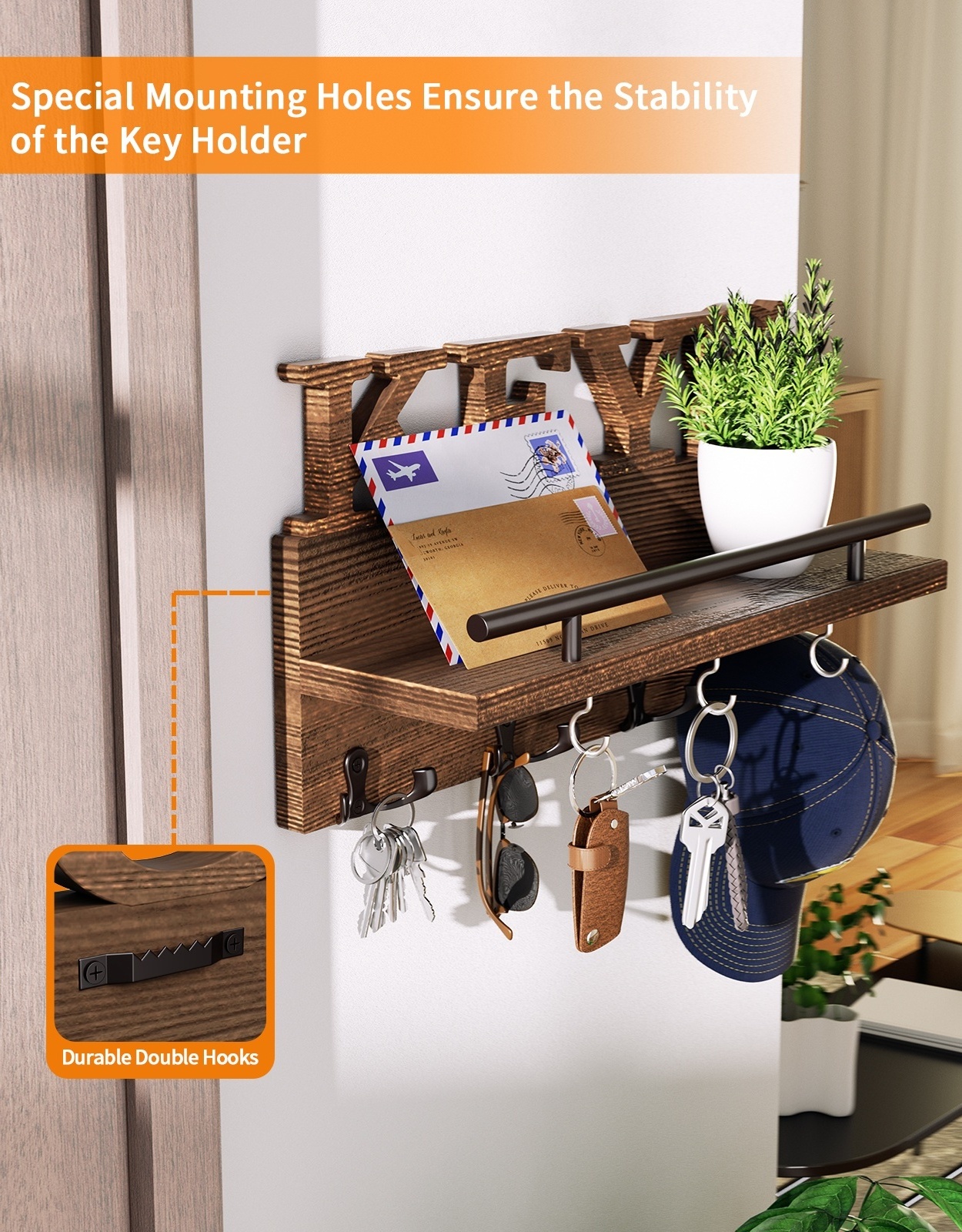 Wall Mounted Entryway Mail Holder with Key Hooks Key Rack Letter Key Chain Hanger for Office Home Key Organizer Feature