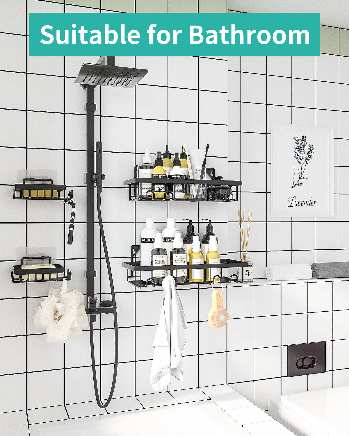 Rustproof 4 Pack Adhesive Stainless Steel Bathroom Shelves Shower Rack Organizer Storage Shelf Holder Shower Caddy w/ 16 Hooks