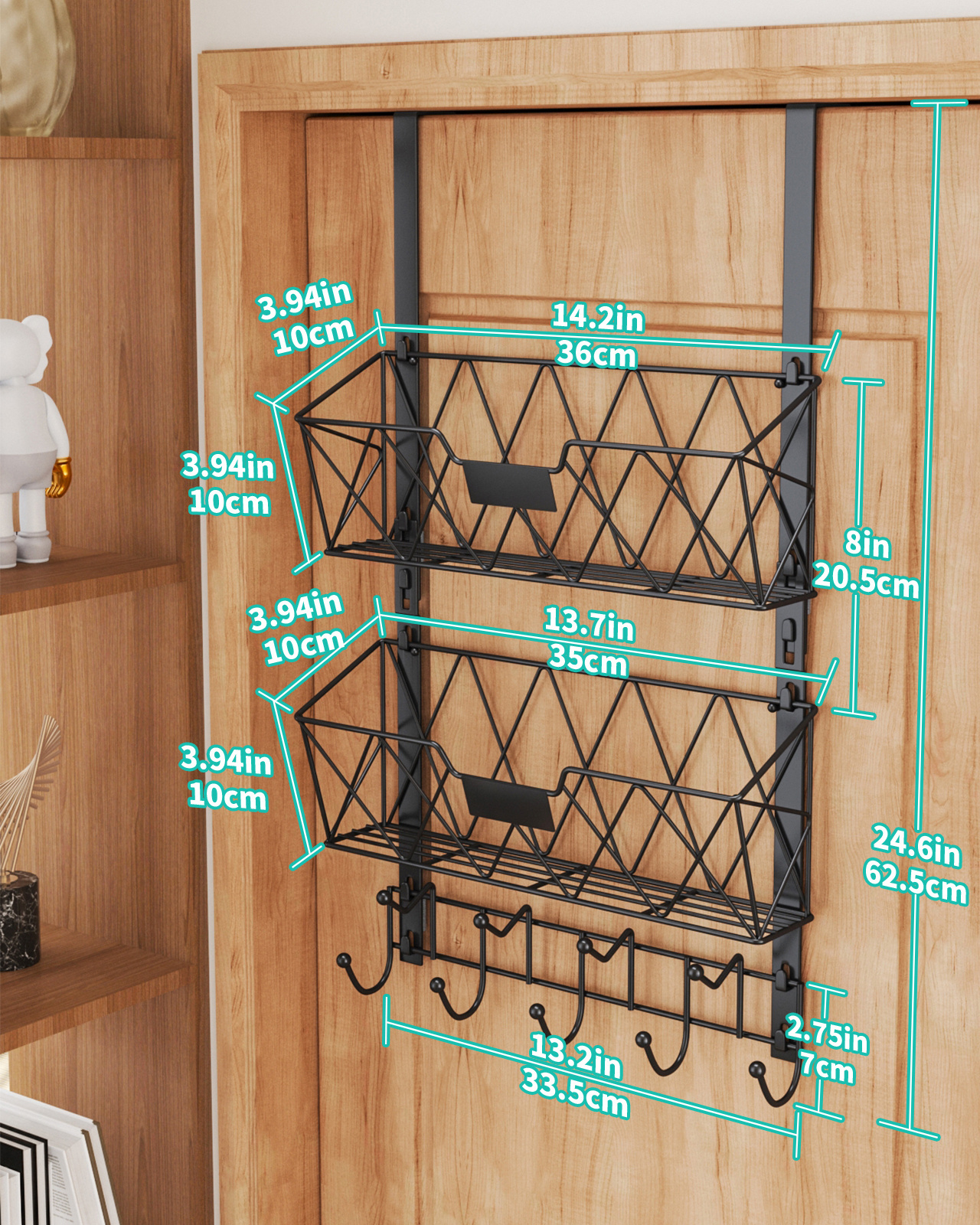 Over The Door Hooks Organizer Door Hanger Towel Rack 9 Coat Cloth Hooks 2 Mesh Basket Over The Door Shelf for Bathroom Kitchen