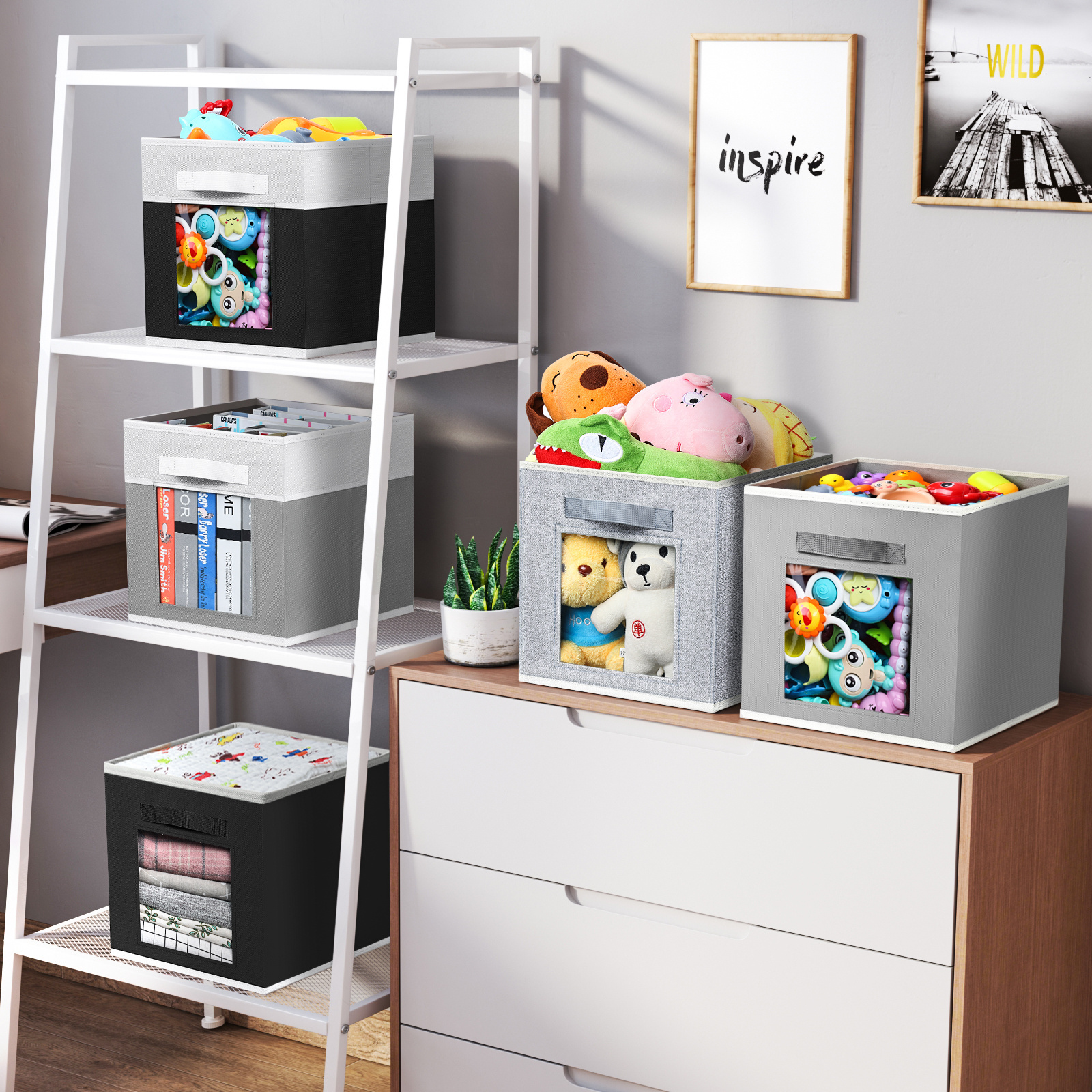 3 Closet Storage Bins Foldable Baskets Shelves Storage Bins with Window & Handles Cube Organizer for Clothes Toys Books Blanket