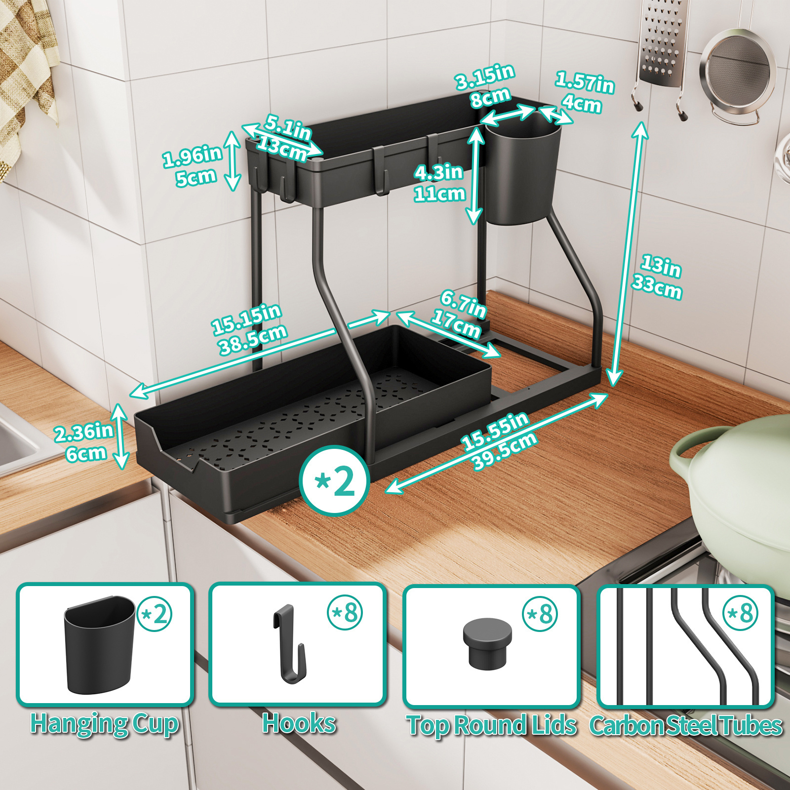 2-Tier Sliding Cabinet Basket Organizer under Sink and Bathroom Storage Rack with Hook Hanging Cup Divider for Kitchen