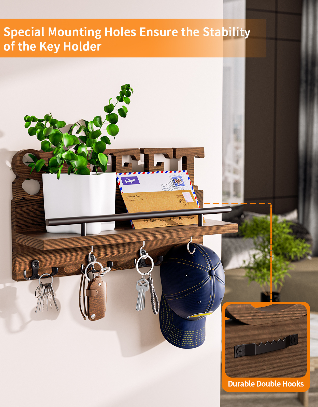 Key Holder w/ Home Decoration Wood Mail Organizer w/ Double Key Hooks Mail Holder Design Wall Mounted Key Hanger for Entryway