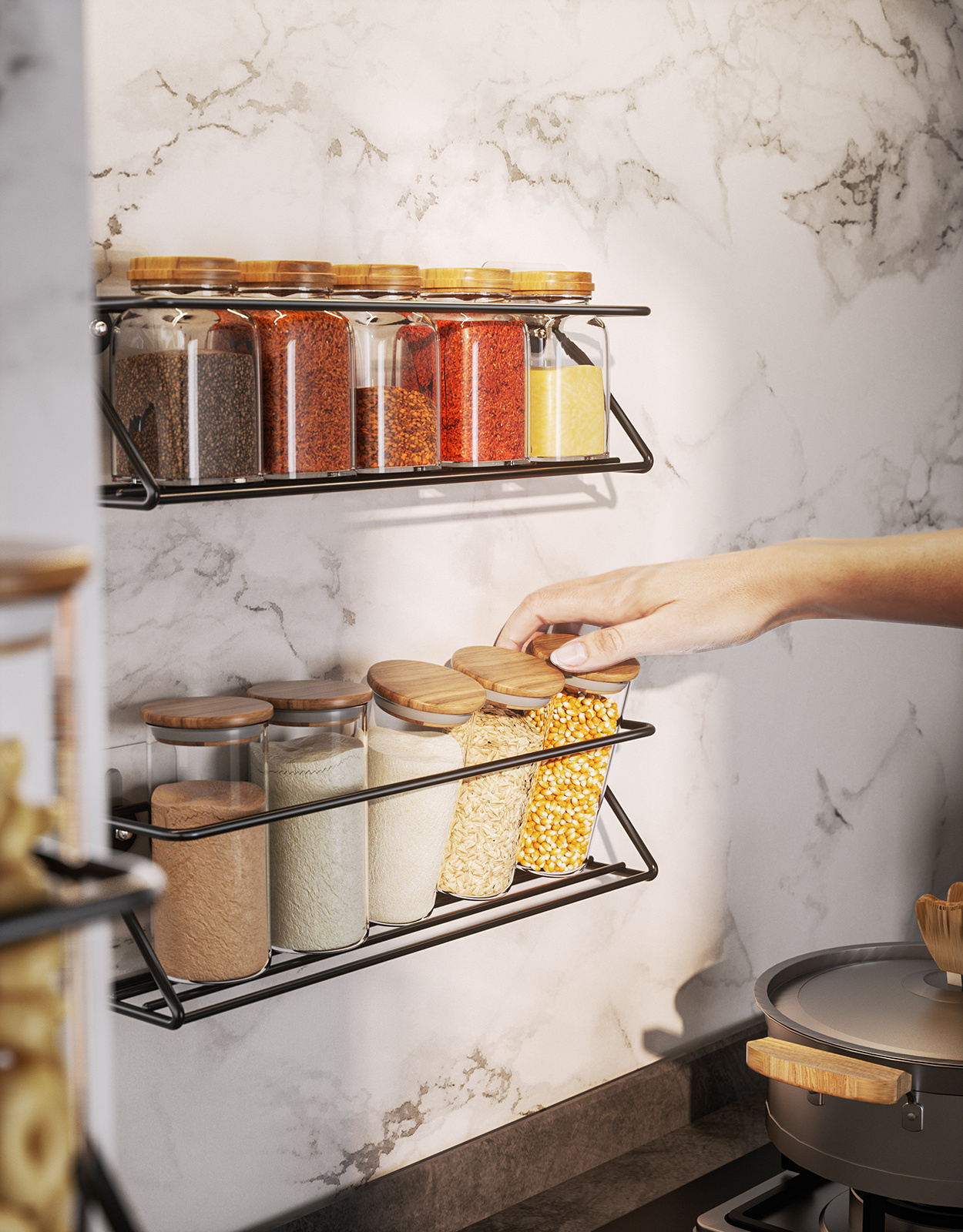 4-Tier metal spice rack for cupboard kitchen seasoning hanging wall mounted shelf