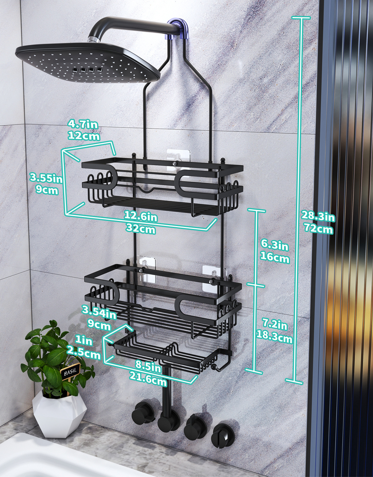 Metal No Drilling Rustproof & Waterproof Shower Shelf Organizer Over Shower Head Hanging Shower Caddy w/ 2 Soap Holders 12 Hooks