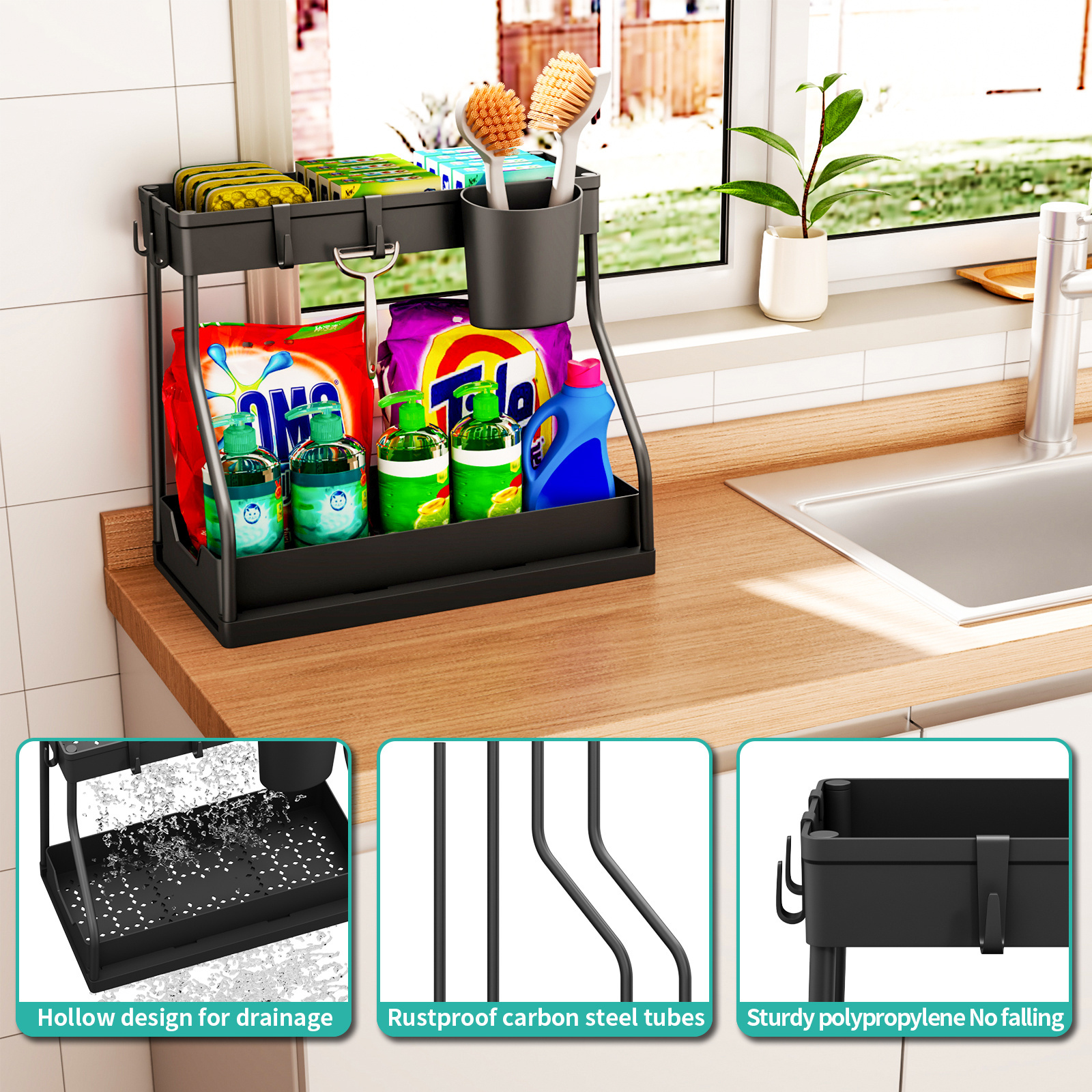 Under Sink Organizer Metal Pull Out Cabinet Organizer Slide Out Sink Shelf Storage Shelves Under Sink Caddy for Kitchen Bathroom