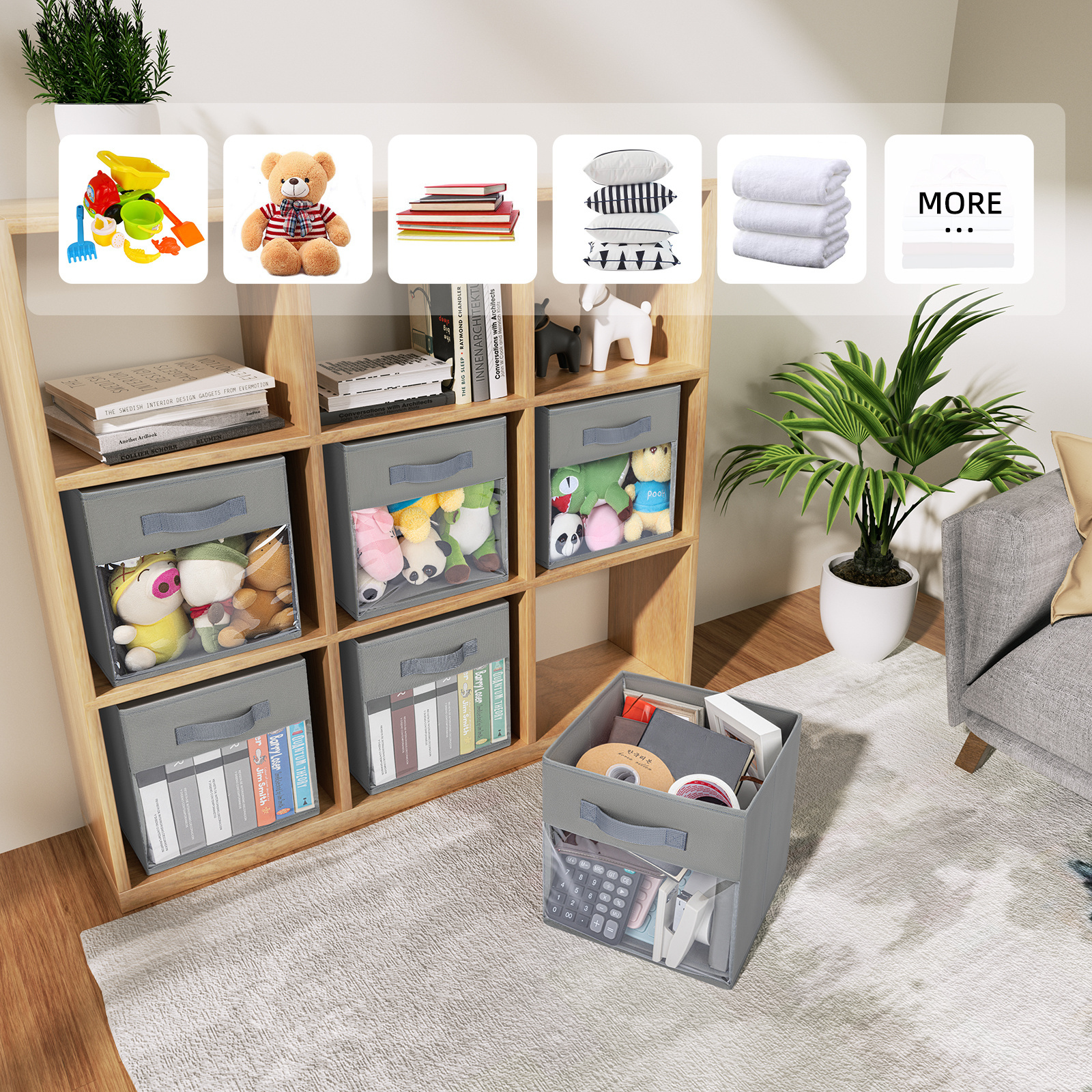 6 Pack Foldable Storage Cubes with Window Closet Cube Storage Bins with Handle 11 x 11 inch Storage Cubes for Clothes Toys Books