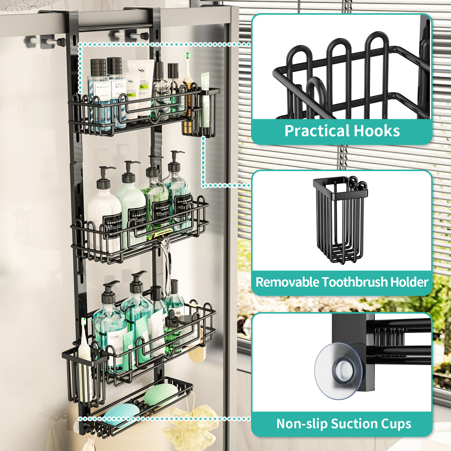 4 Tier Over the Door Shower Caddy w/ 22 Hooks 2 Toothbrush Holders No Drilling Adjustable Hanging Shower Organizer for Bathroom