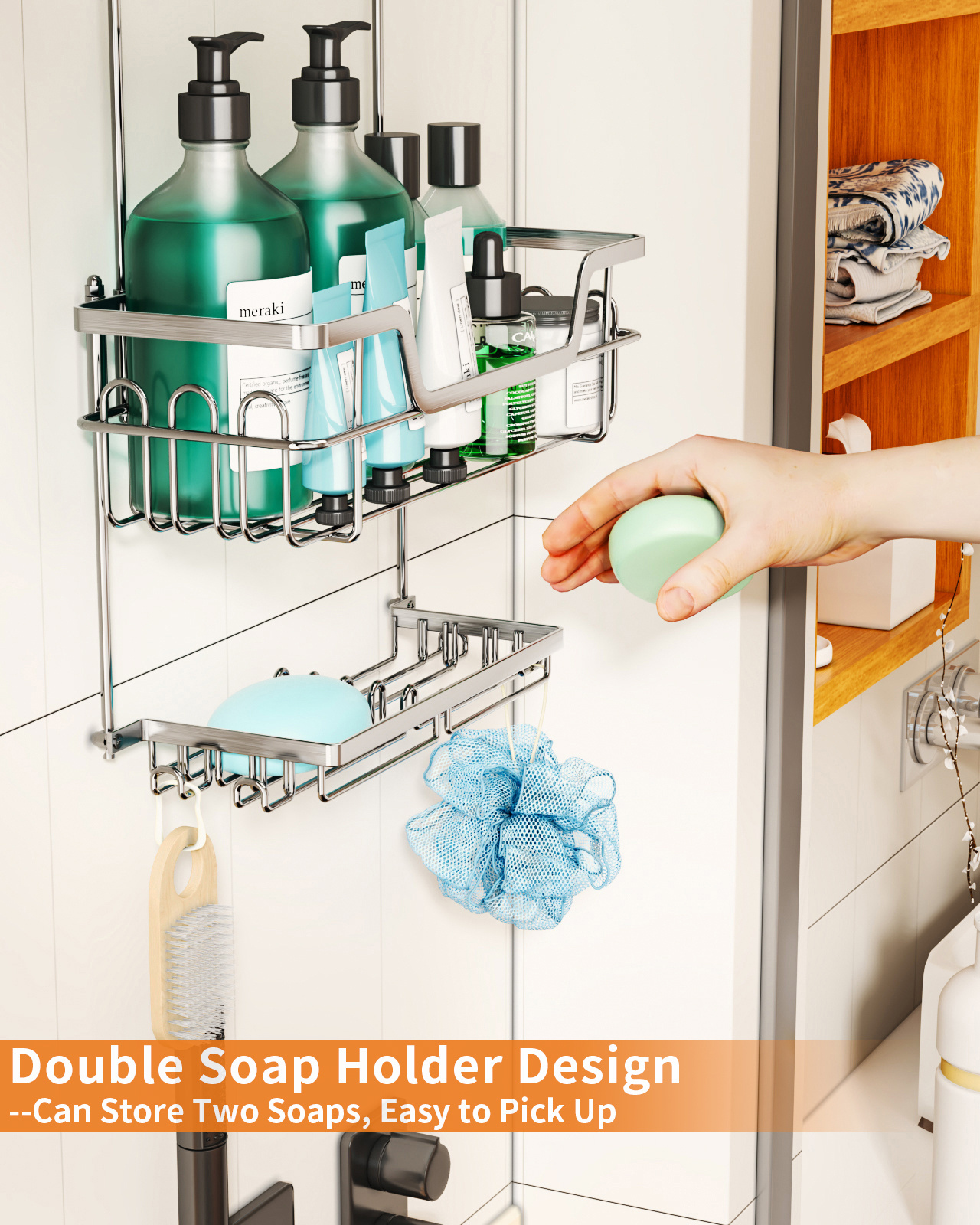 Large Capacity Shower Caddy Over Shower Head 3 Tier Rustproof Hanging Shower Organizer Rack w/ 16 Hooks & Dual Soap Holder