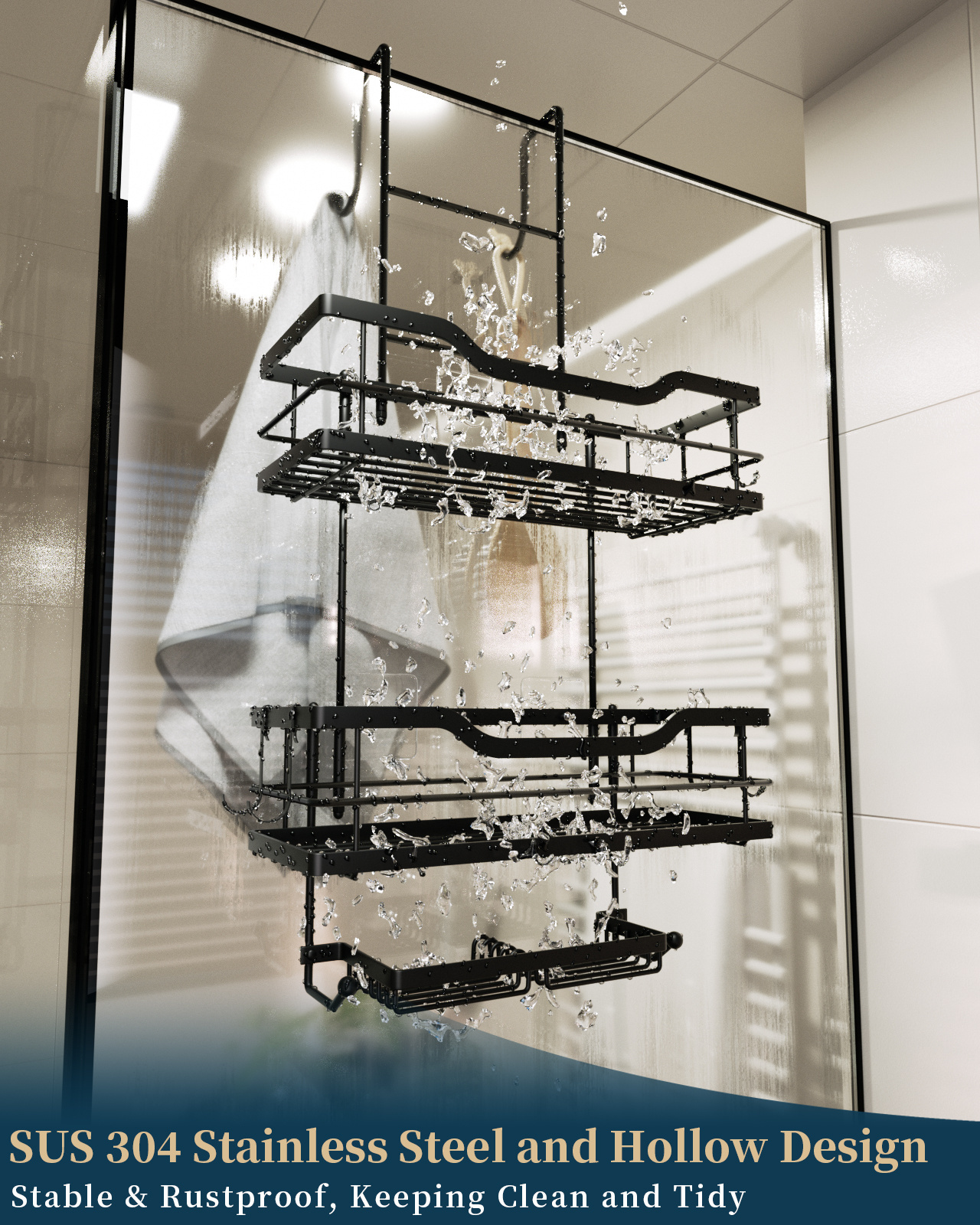 3-Tier Large Capacity Rustproof Hanging Shower Caddy Over the Door Hanging Shower Organizer Shelf w/ 2 Soap Holder & 8 Hooks