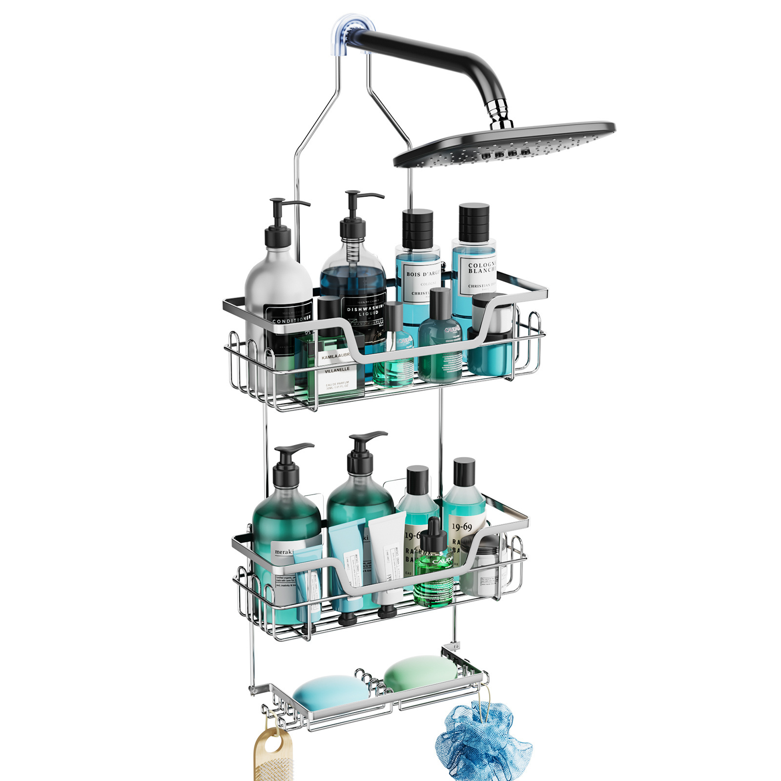 Large Capacity Shower Caddy Over Shower Head 3 Tier Rustproof Hanging Shower Organizer Rack w/ 16 Hooks & Dual Soap Holder