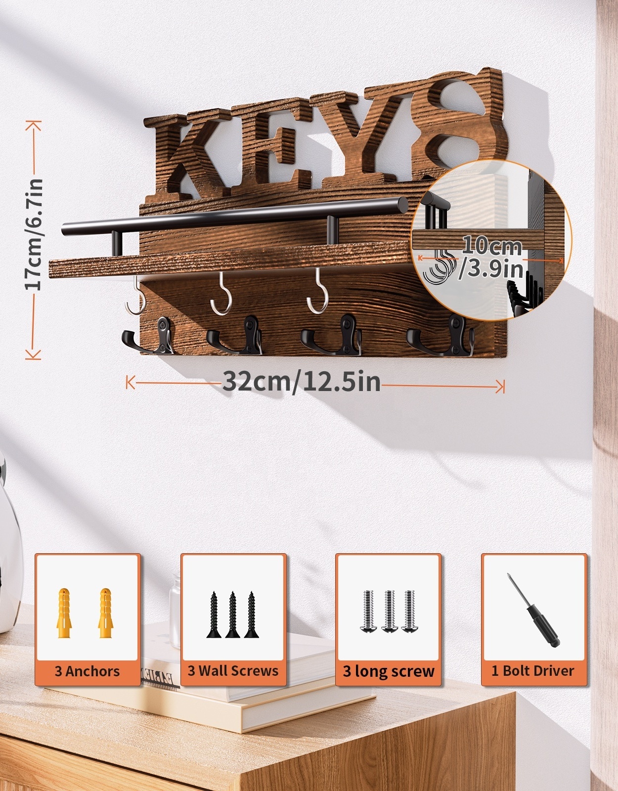 Wall Mounted Entryway Mail Holder with Key Hooks Key Rack Letter Key Chain Hanger for Office Home Key Organizer Feature