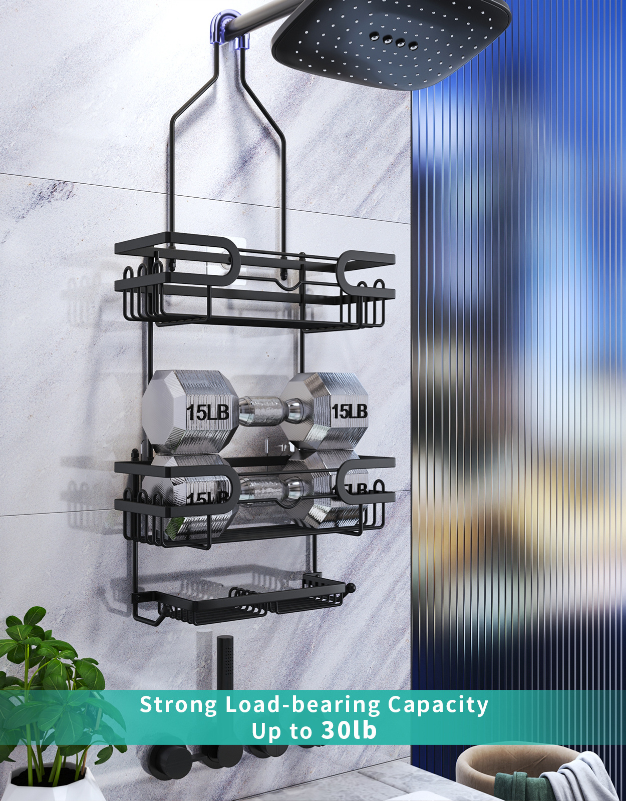 Metal No Drilling Rustproof & Waterproof Shower Shelf Organizer Over Shower Head Hanging Shower Caddy w/ 2 Soap Holders 12 Hooks