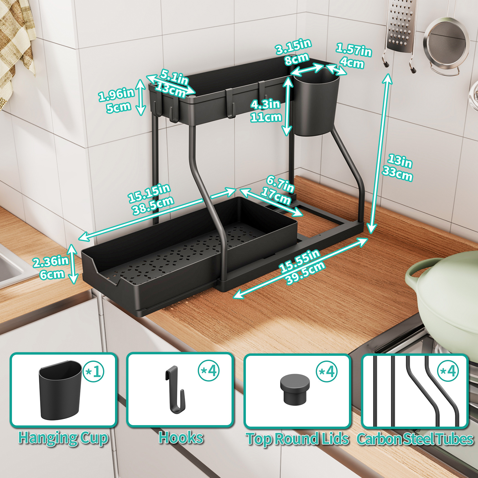 Under Sink Organizer Metal Pull Out Cabinet Organizer Slide Out Sink Shelf Storage Shelves Under Sink Caddy for Kitchen Bathroom