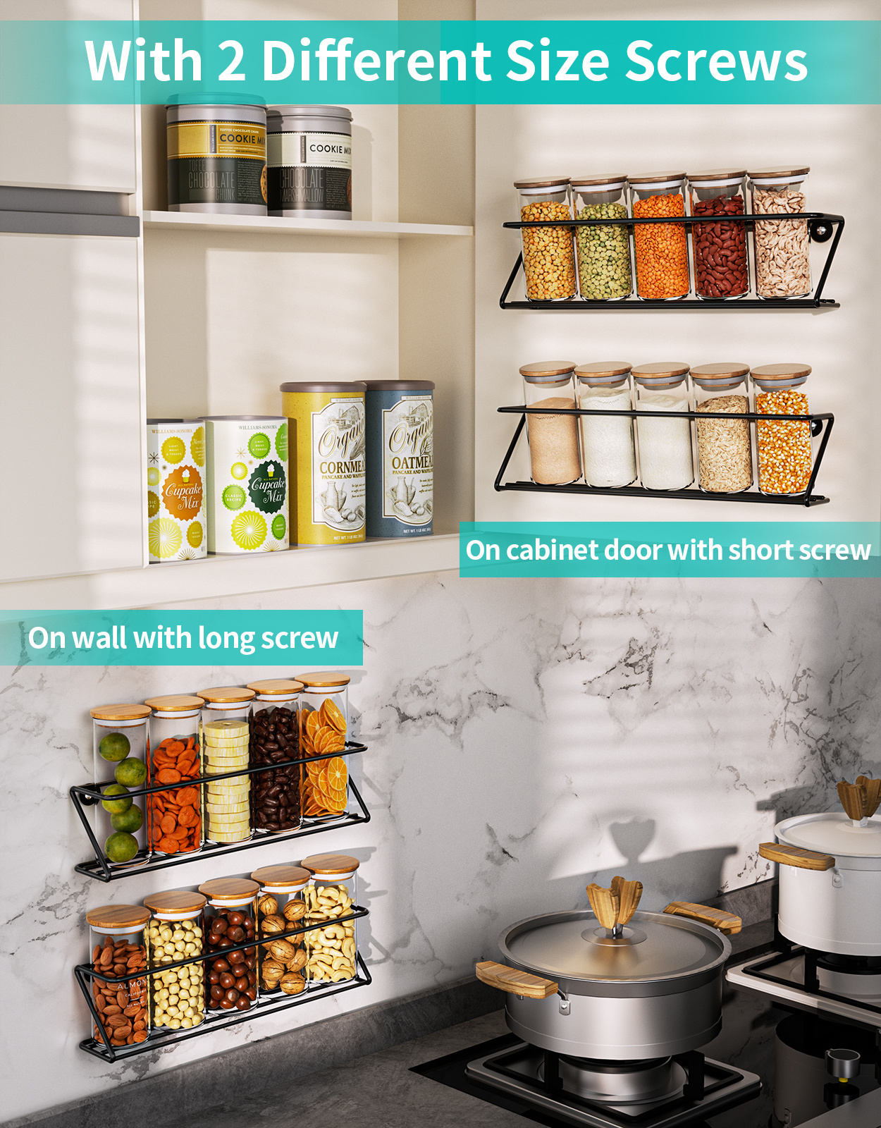 4 Wall Mount Spice Rack Organizer Height-Adjustable Hanging Spice Shelf Storage Seasoning Holder Rack for Kitchen Pantry Cabinet