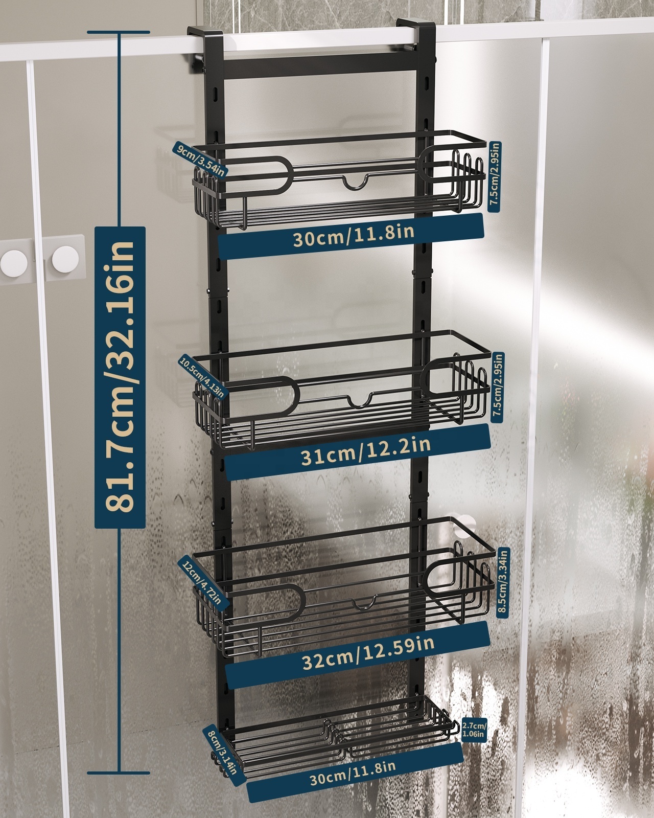 Simple Assemble Single Stainless Steel Bathroom Shower Shelf Hanging Storage Rack Over The Door Shower Caddy With Hooks