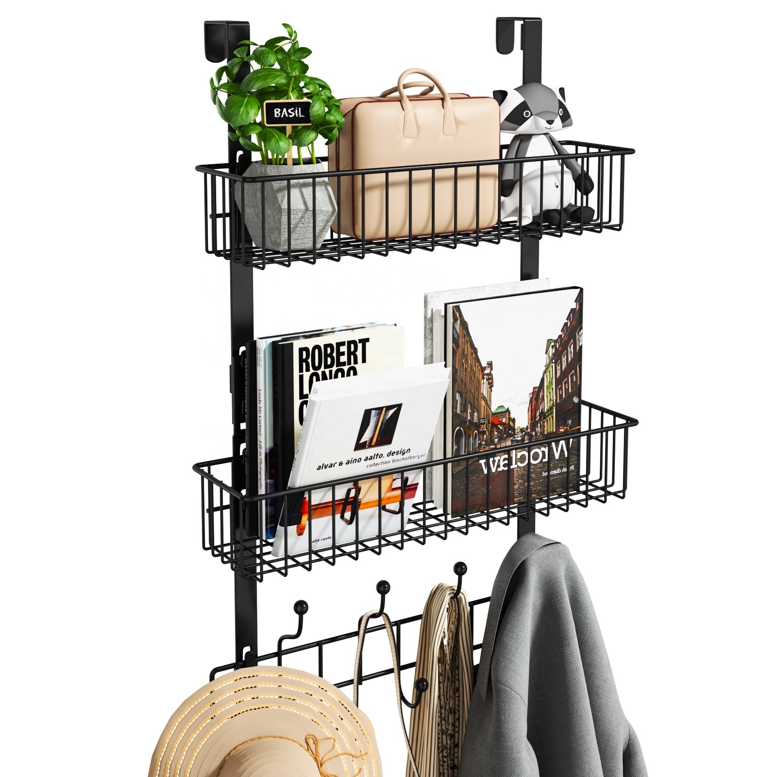 Metal Hanging Hook Rack Shelf Over The Door Hanger 2 Mesh Baskets 9 Hooks Storage Organizer Rack for Coats Hats Handbags Towels