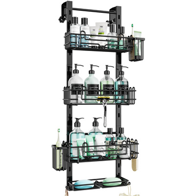 4 Tier Over the Door Shower Caddy w/ 22 Hooks 2 Toothbrush Holders No Drilling Adjustable Hanging Shower Organizer for Bathroom