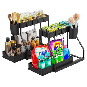 2-Tier Sliding Cabinet Basket Organizer under Sink and Bathroom Storage Rack with Hook Hanging Cup Divider for Kitchen