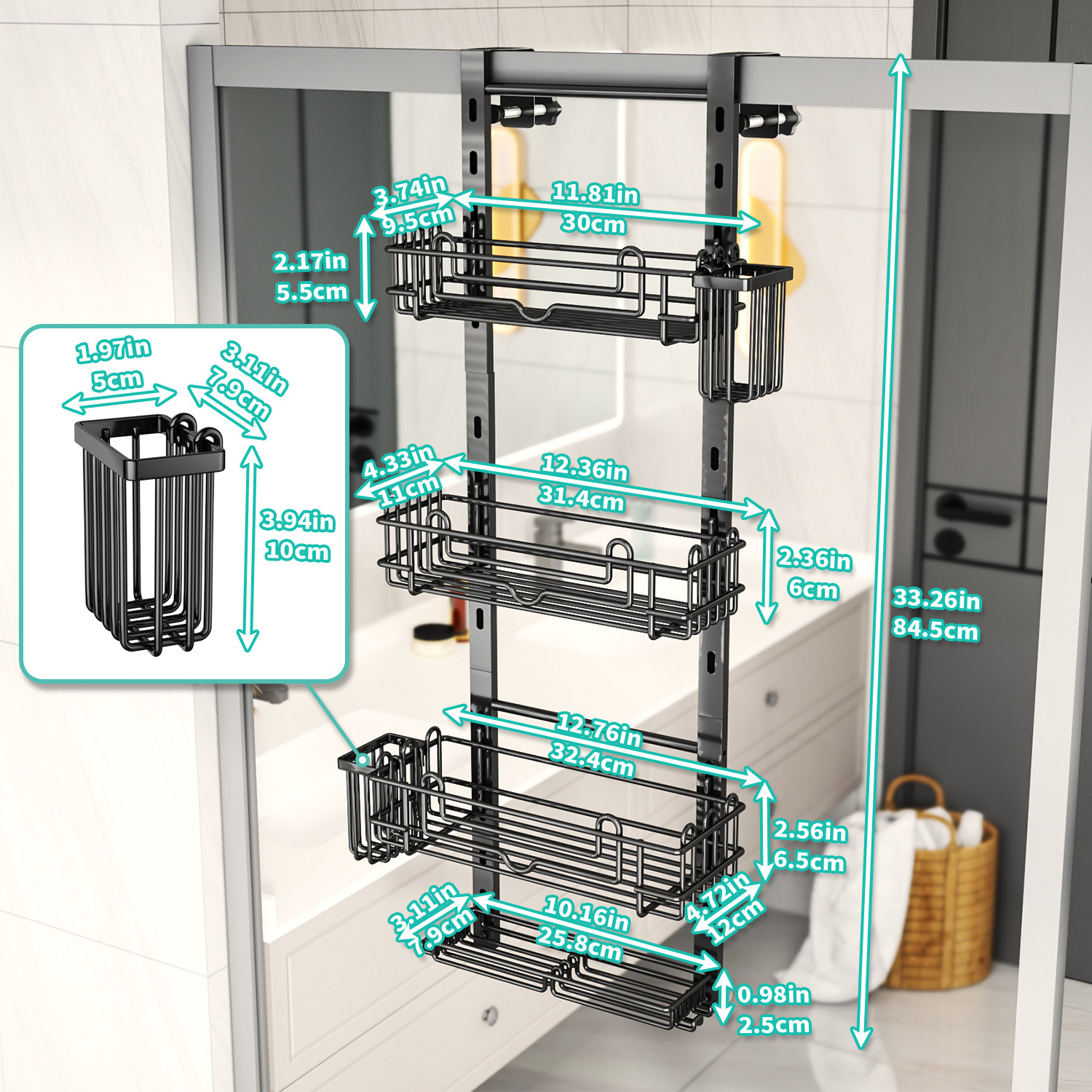 4 Tier Over the Door Shower Caddy w/ 22 Hooks 2 Toothbrush Holders No Drilling Adjustable Hanging Shower Organizer for Bathroom