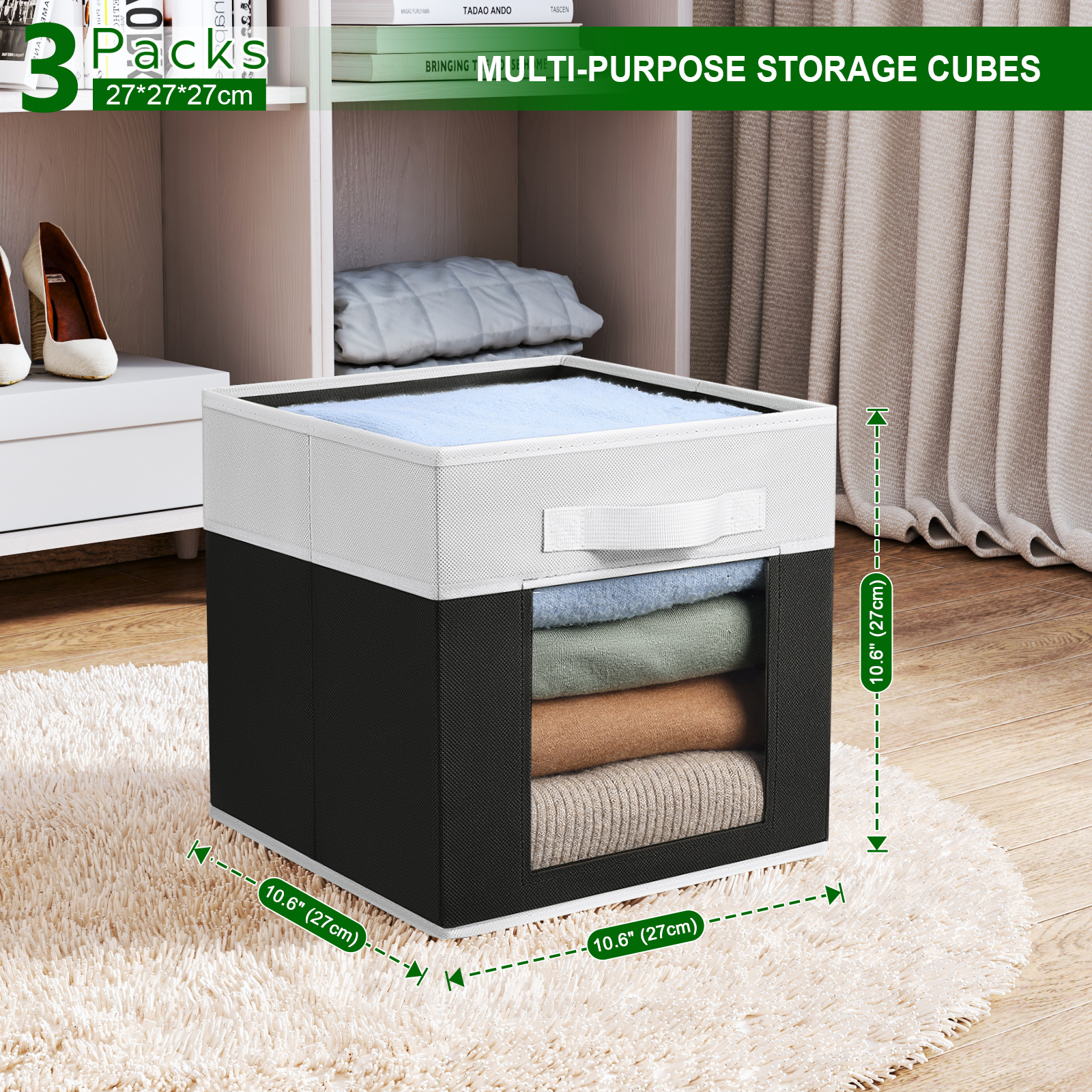 3 Closet Storage Bins Foldable Baskets Shelves Storage Bins with Window & Handles Cube Organizer for Clothes Toys Books Blanket