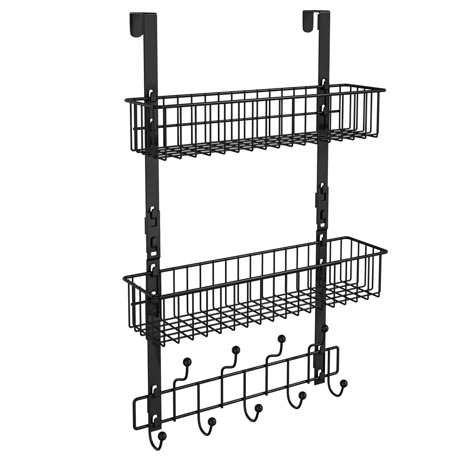 Metal Hanging Hook Rack Shelf Over The Door Hanger 2 Mesh Baskets 9 Hooks Storage Organizer Rack for Coats Hats Handbags Towels