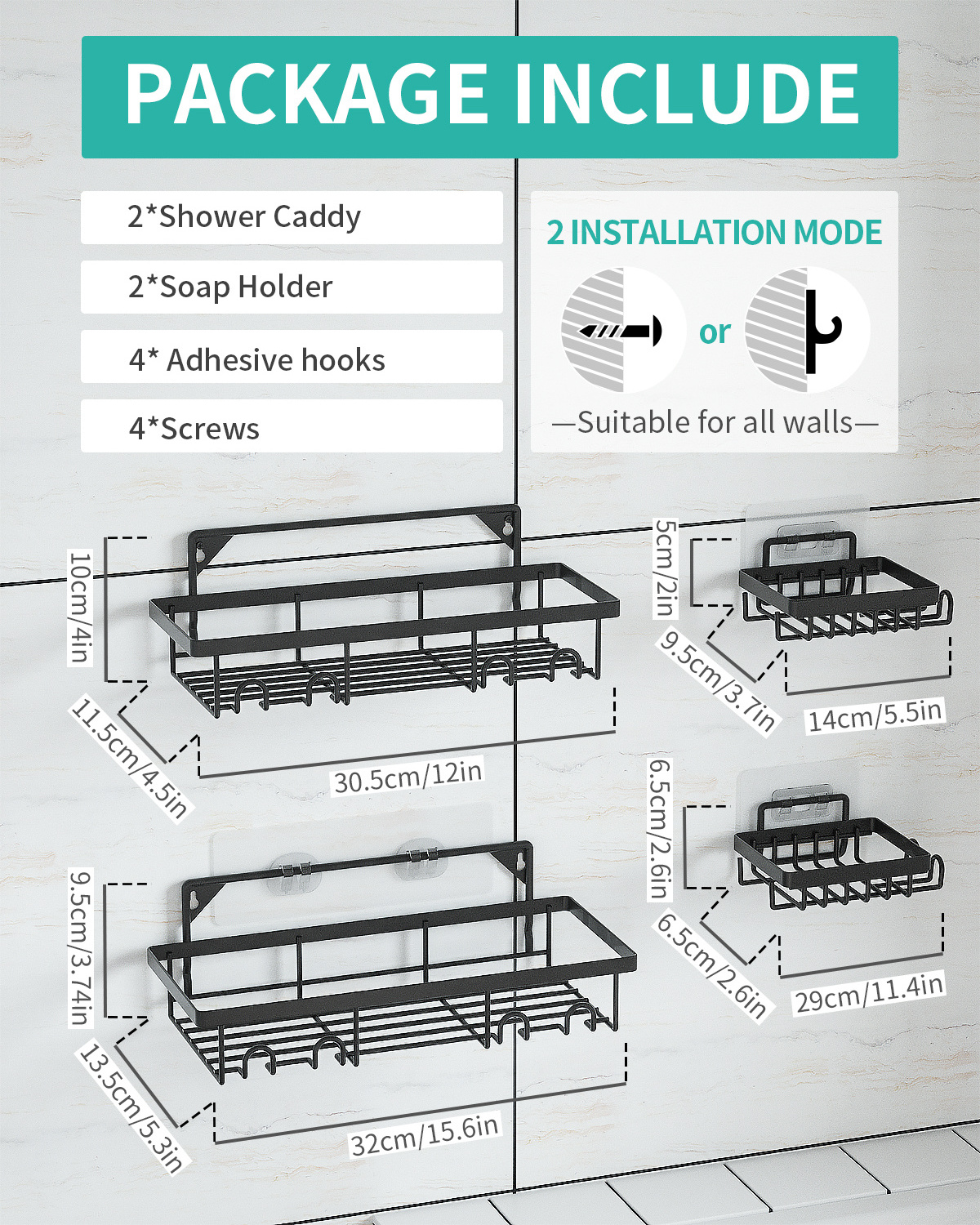 Rustproof 4 Pack Adhesive Stainless Steel Bathroom Shelves Shower Rack Organizer Storage Shelf Holder Shower Caddy w/ 16 Hooks