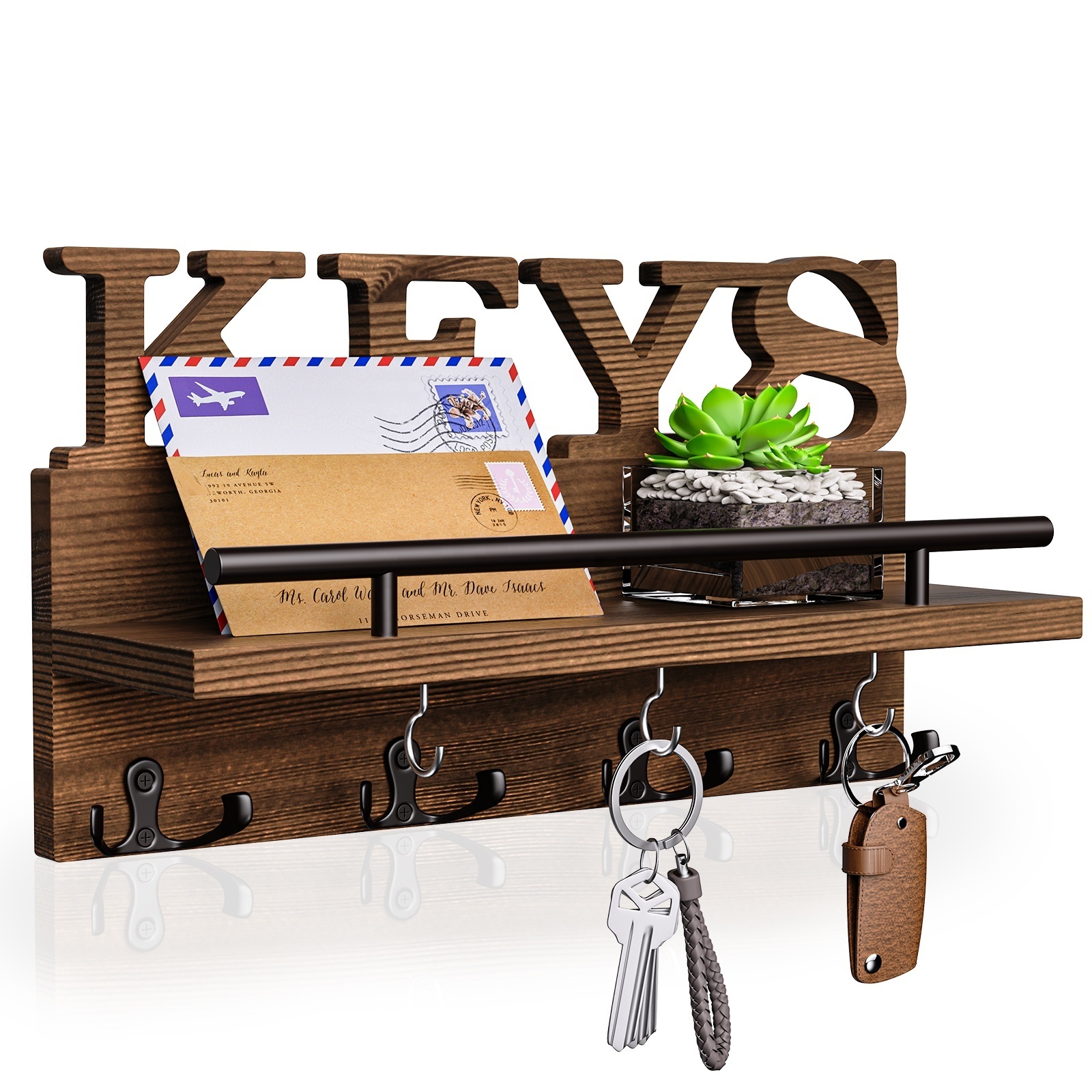 Wall Mounted Entryway Mail Holder with Key Hooks Key Rack Letter Key Chain Hanger for Office Home Key Organizer Feature