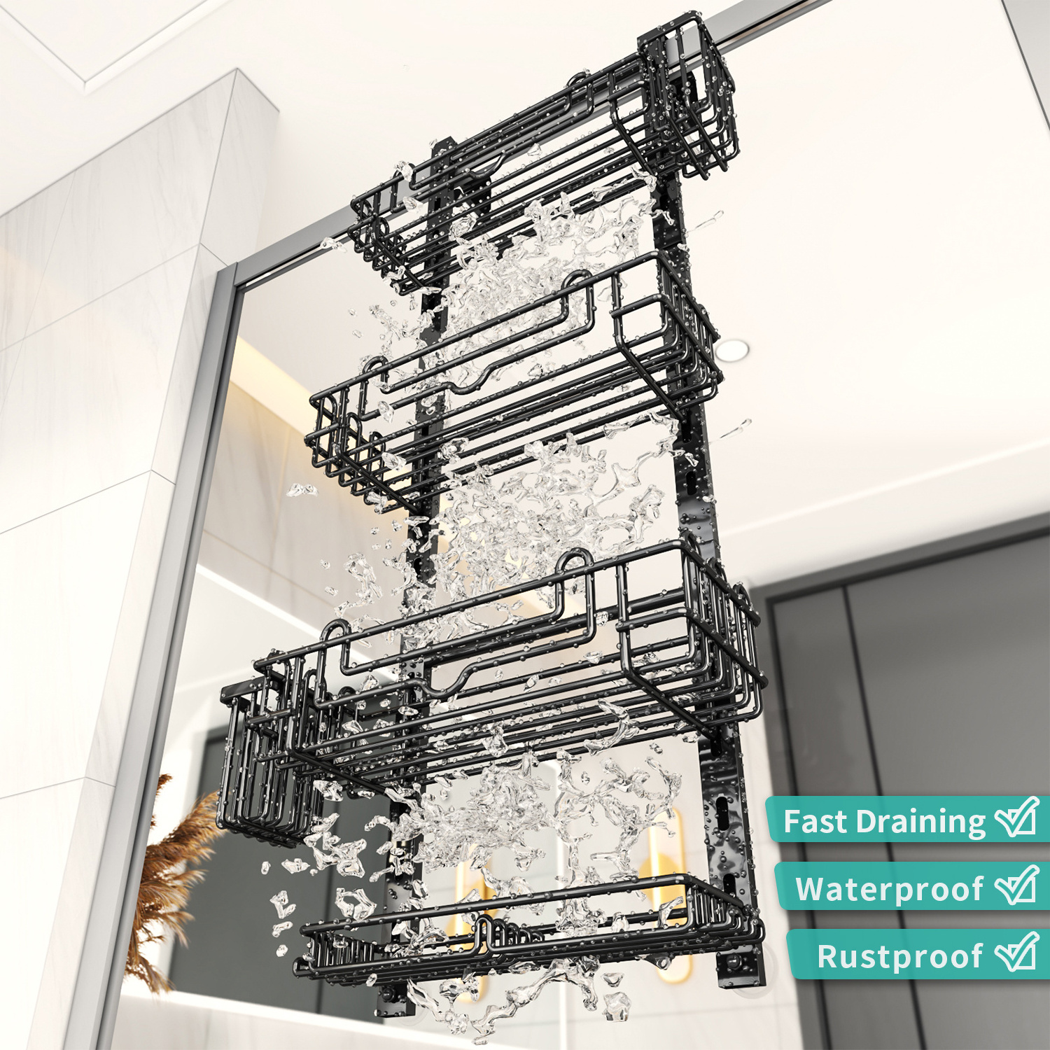 4 Tier Over the Door Shower Caddy w/ 22 Hooks 2 Toothbrush Holders No Drilling Adjustable Hanging Shower Organizer for Bathroom