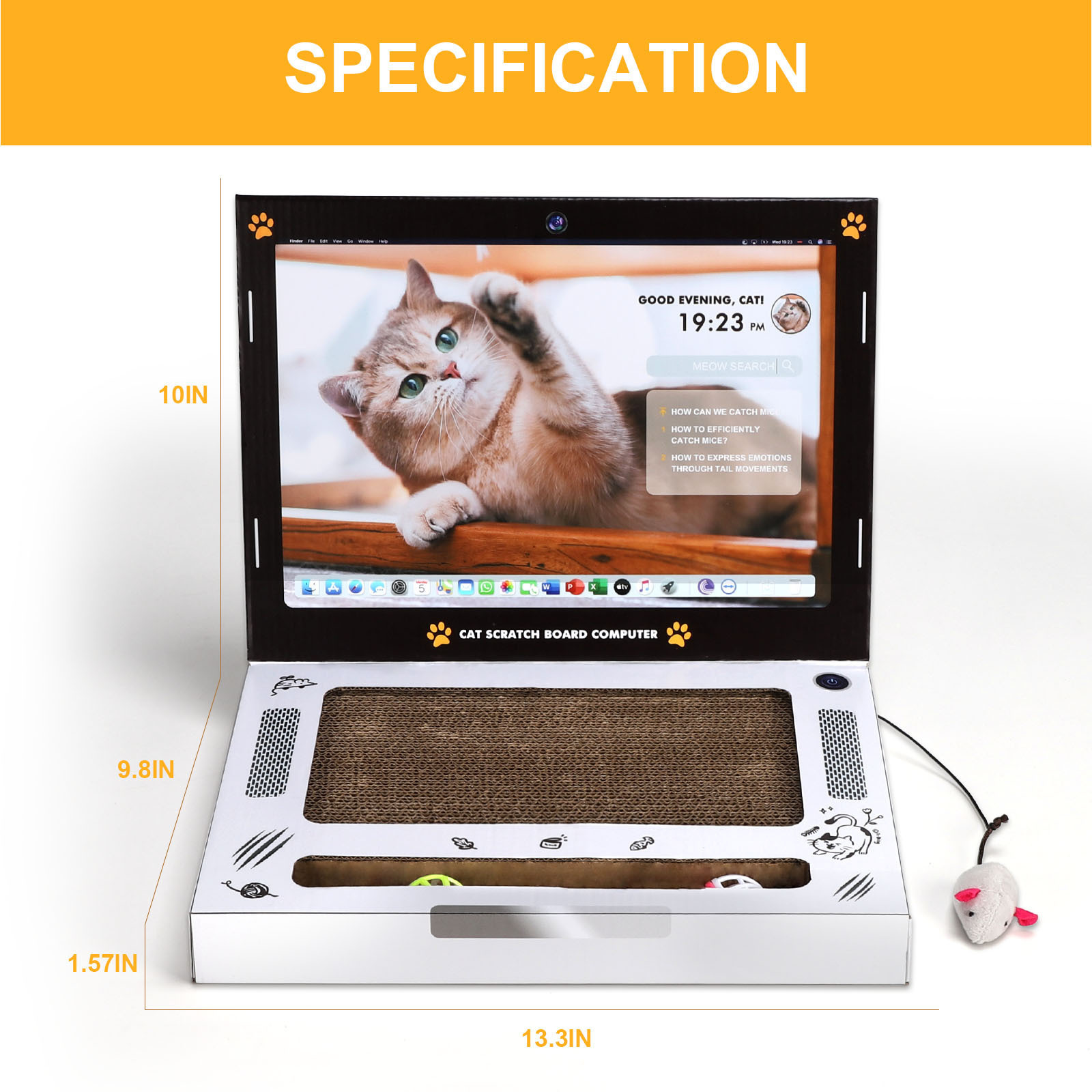 Wholesale Foldable 3-in-1 Corrugated Cardboard Cat Scratcher Laptop Scratcher Cat Toy With Plush Mouse Cat Teaser and Ball