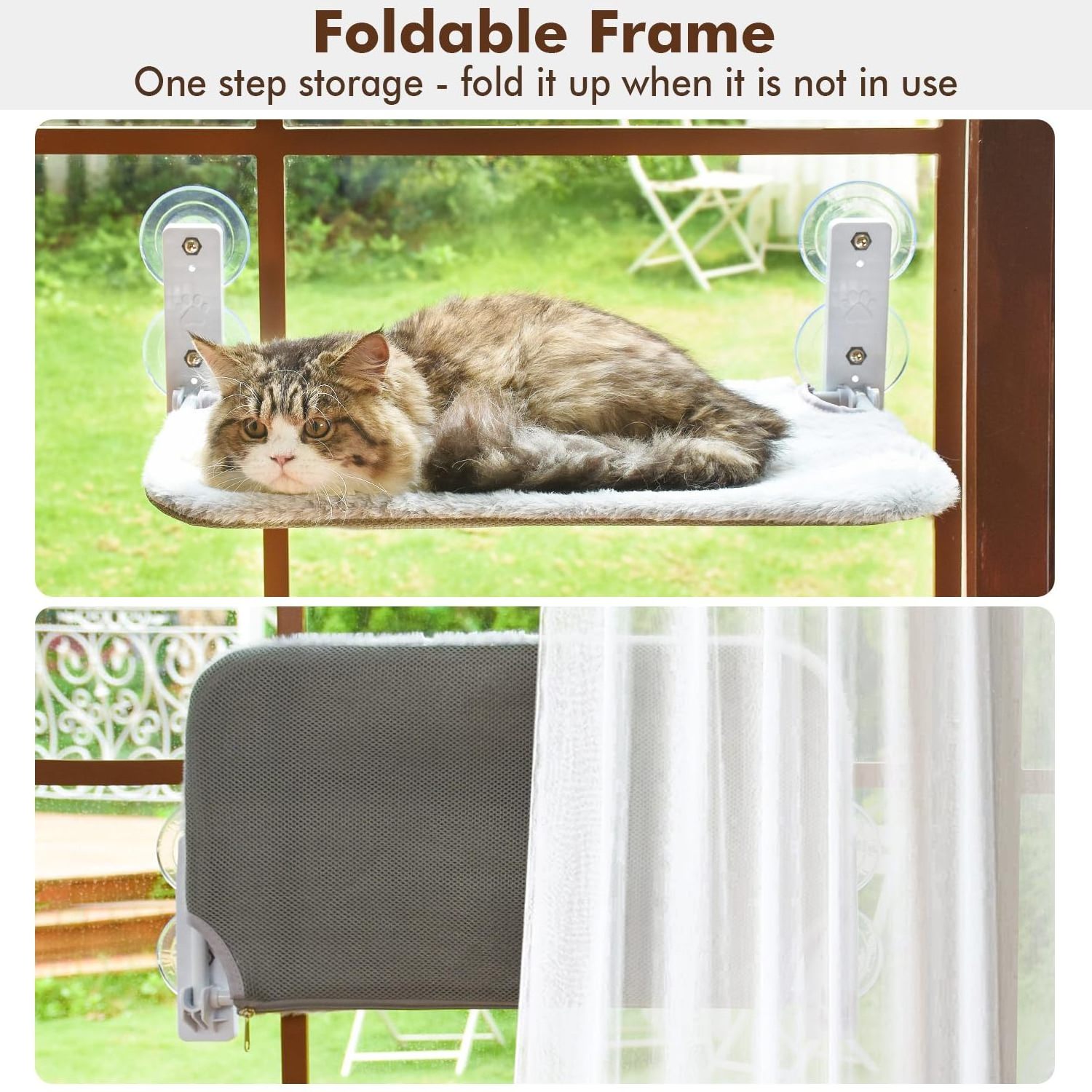 2024 New Foldable Cordless Cat Hammock Wall Robust Metal Frame Cat Window Perch for Large Cats and Kittens