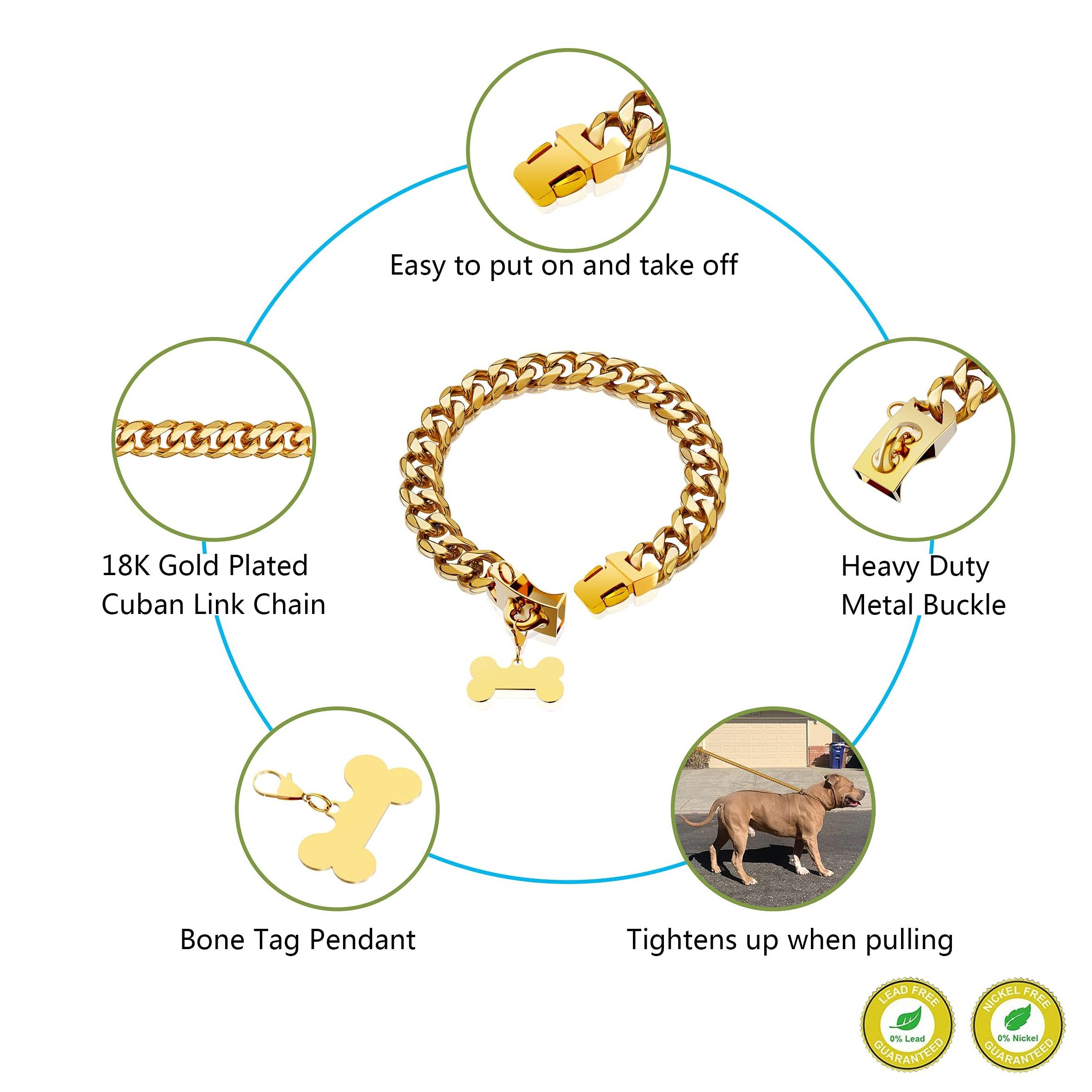 Luxury pet supplies 18K  Gold Chain Dog Collar 32mm Heavy Duty Stainless Steel Cuban Link pitbull Dog Collar Chain