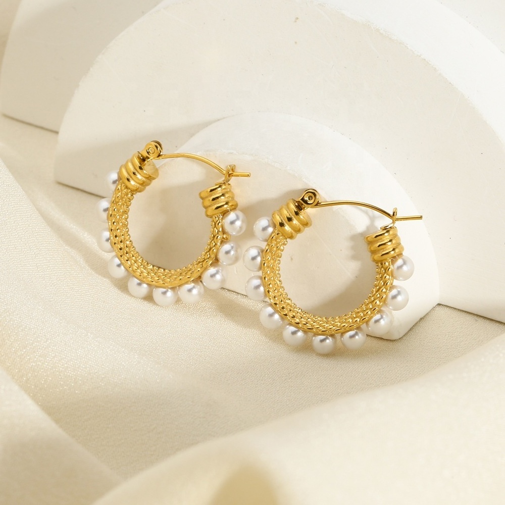 Dina High Quality Vintage Luxury Women Pearl Earrings Hoops 18K PVD Gold Jewelry Stainless Steel Statement Earrings