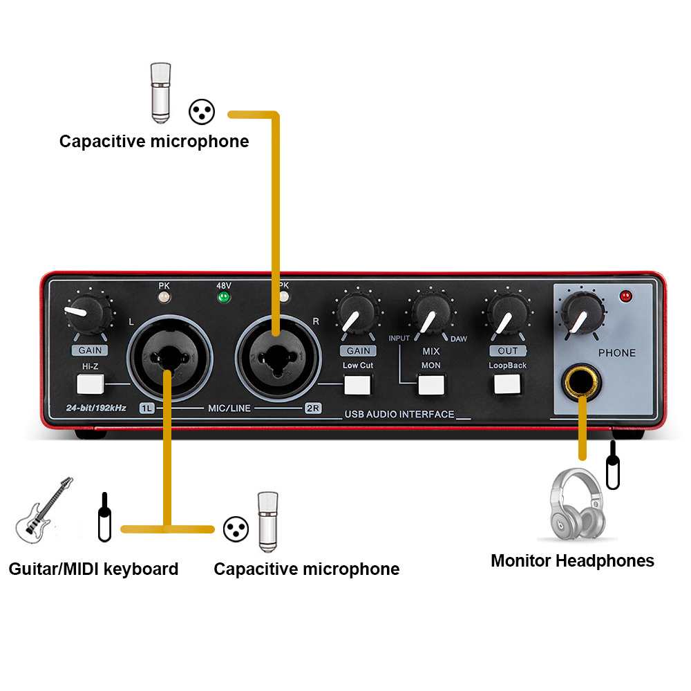 Biner MD22 Professional 2 Channel Sound Card 24Bit 192Hkz Audio Interface For Live Recording