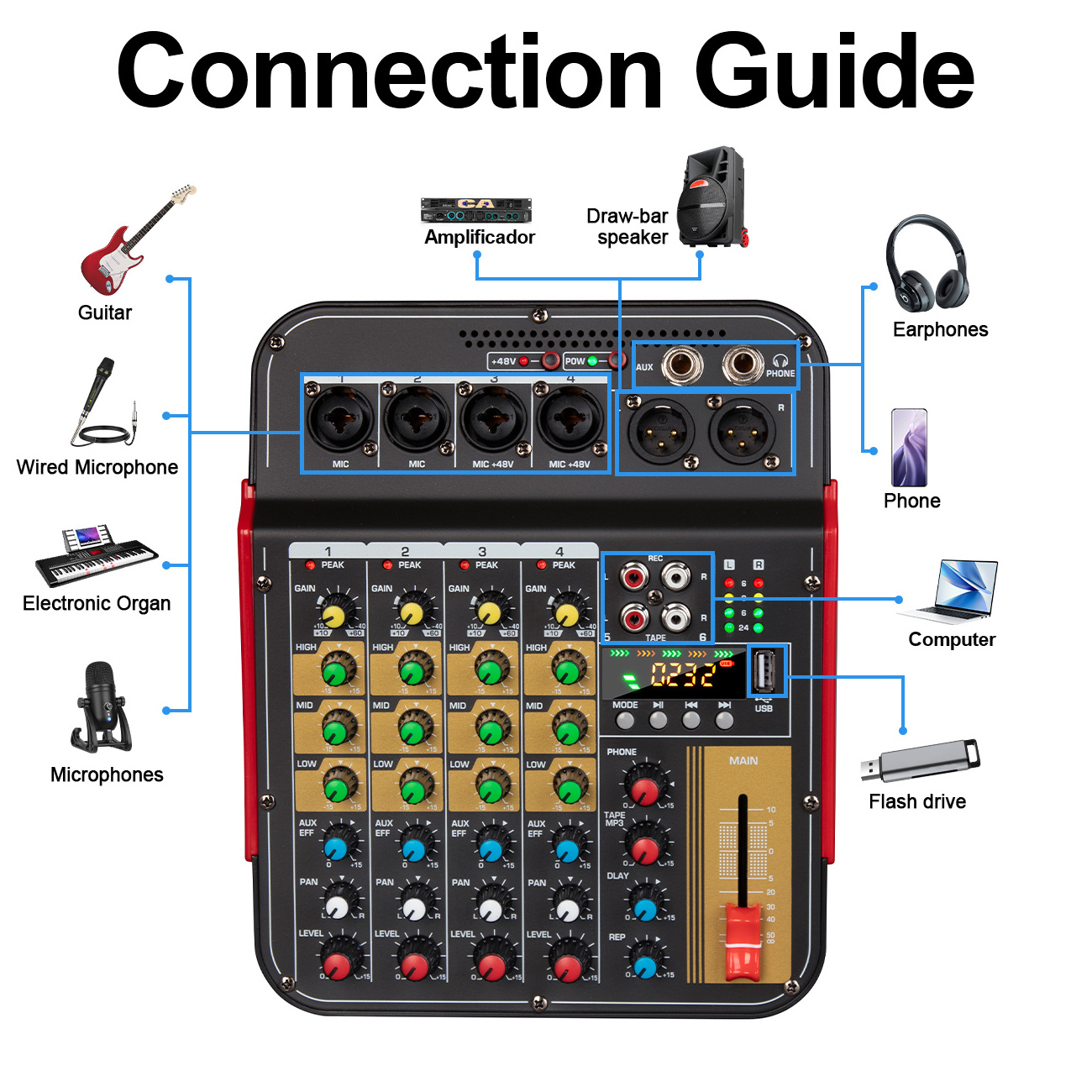 FG6 Professional 6 channel 48V phantom power Mini USB Audio Mixer Portable 6 Channel audio interface