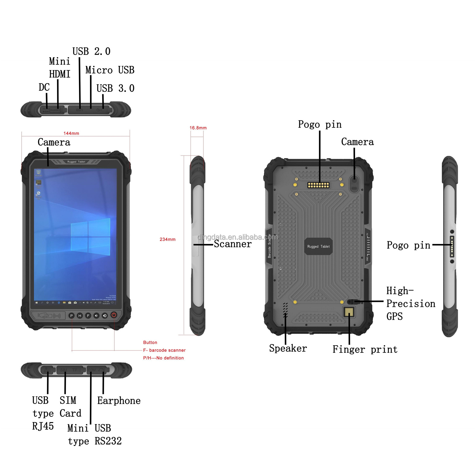 8-Inch Windows 10 Rugged Tablet 1000nit Brightness Industrial Computer Barcode Scanner Terminal 128GB Memory Capacity WiFi