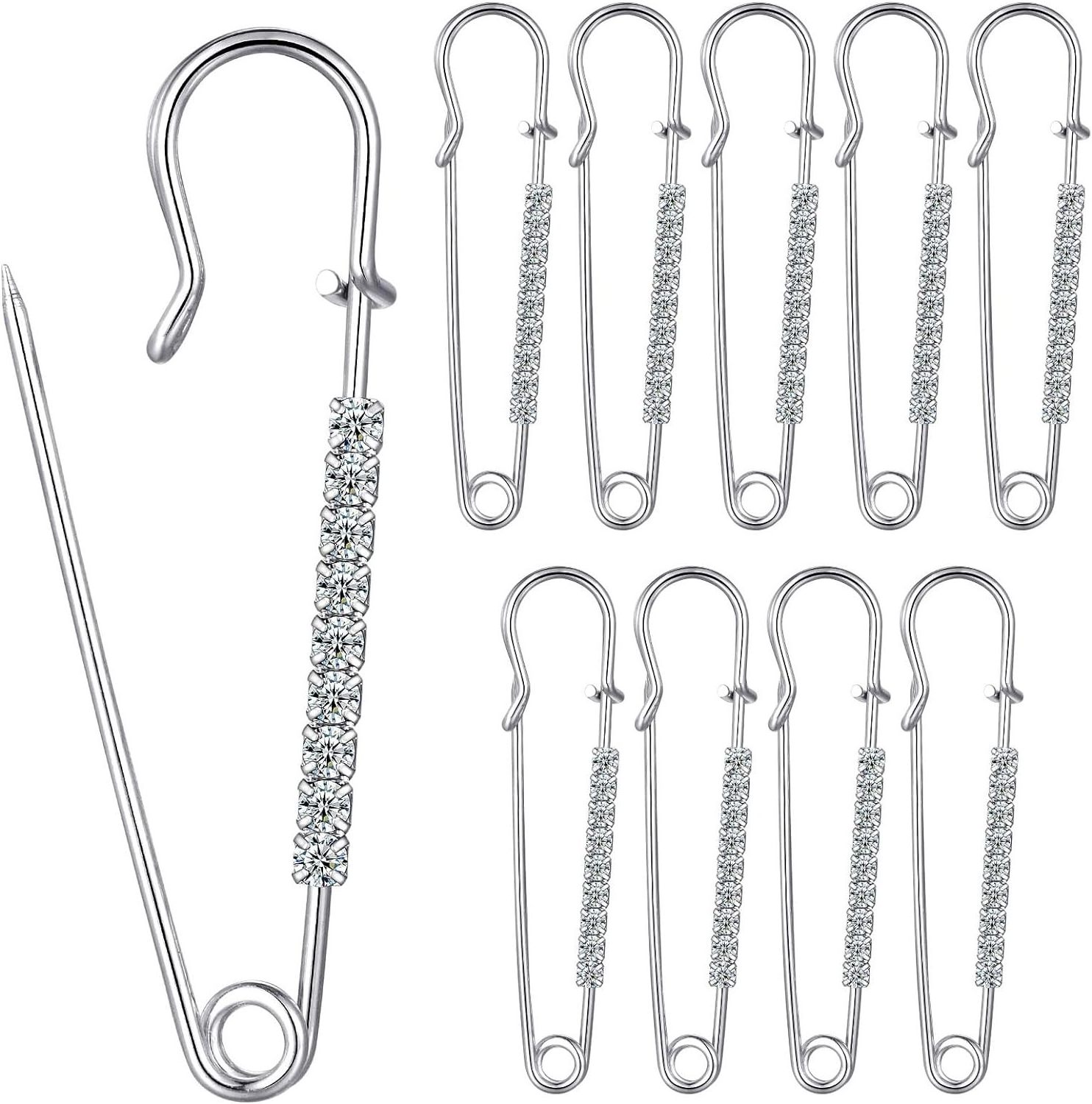 10 Pieces Silver Tone Rhinestone Safety Pins,Brooch Safety Pins for for Skirts Sweater Scarf Lapel Hat Accessories