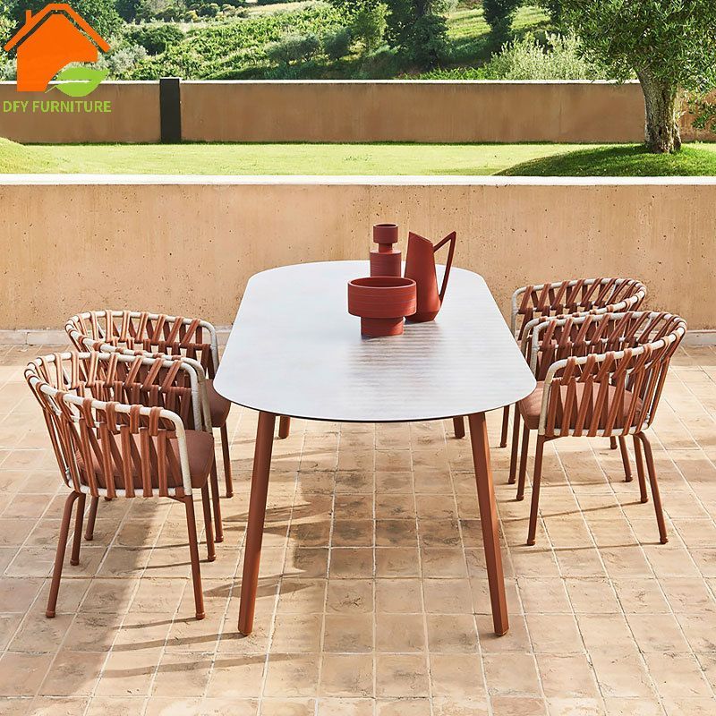 Patio furniture marble ceramic top dining table and 10 seater chairs set outdoor aluminum  restaurant furniture set