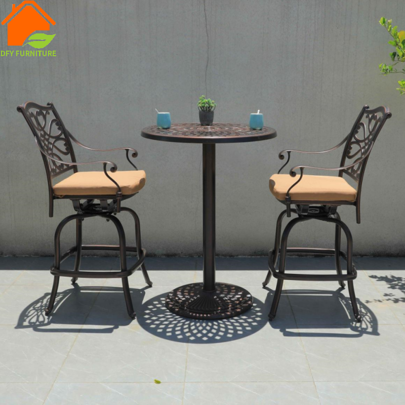 Courtyard wrought iron bar table and swivel stool set Outdoor metal round bar wine counter and chairs with armrest stools