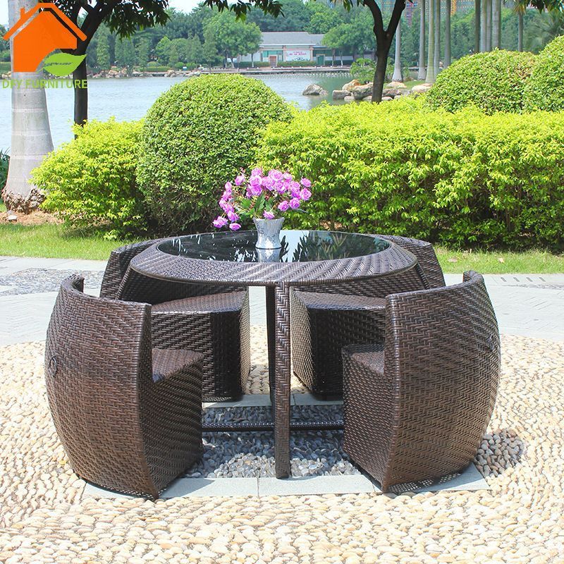 Outdoor rattan table furniture space saving storage metal table and chair set