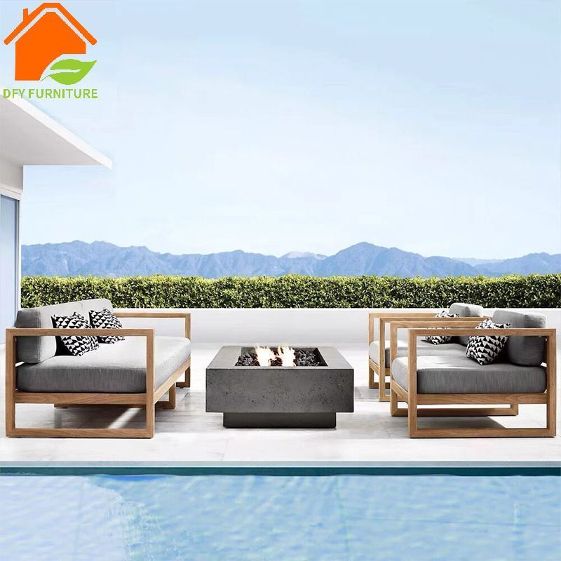 Factory Custom Garden Set High End Patio Fabric All Weather Outdoor Teak Wooden Sofa Furniture