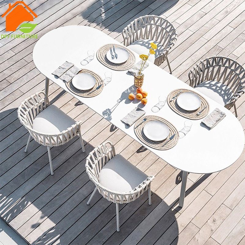 Patio furniture marble ceramic top dining table and 10 seater chairs set outdoor aluminum  restaurant furniture set