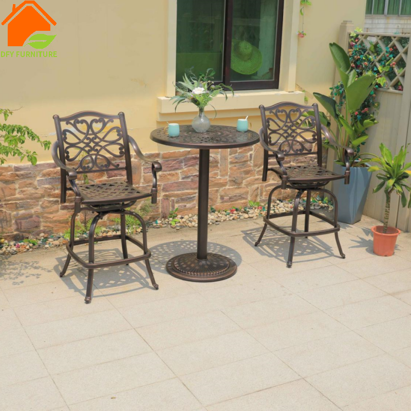 Courtyard wrought iron bar table and swivel stool set Outdoor metal round bar wine counter and chairs with armrest stools