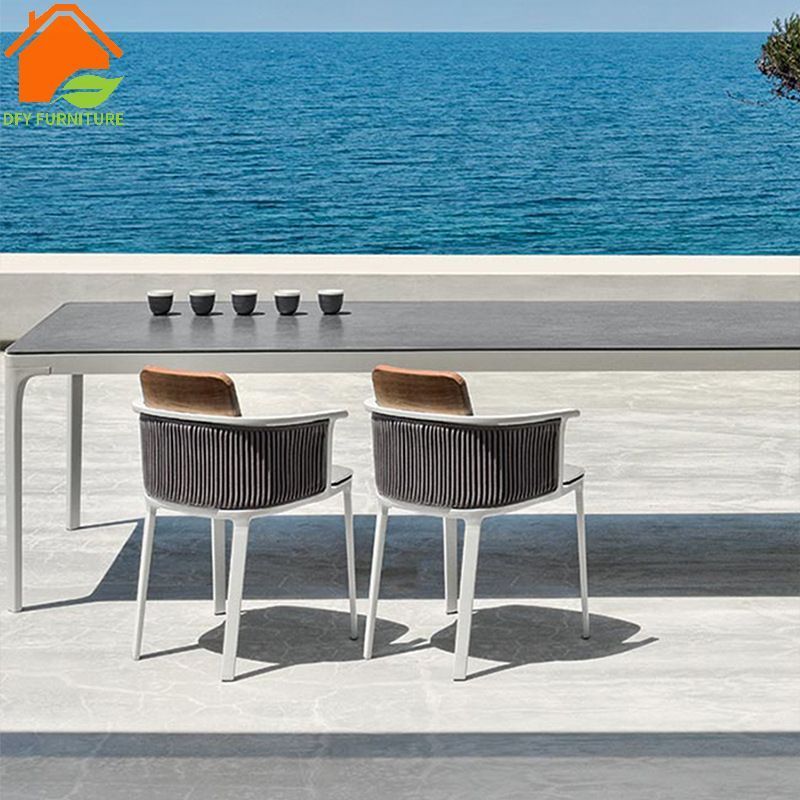 Patio furniture marble ceramic top dining table and 10 seater chairs set outdoor aluminum  restaurant furniture set